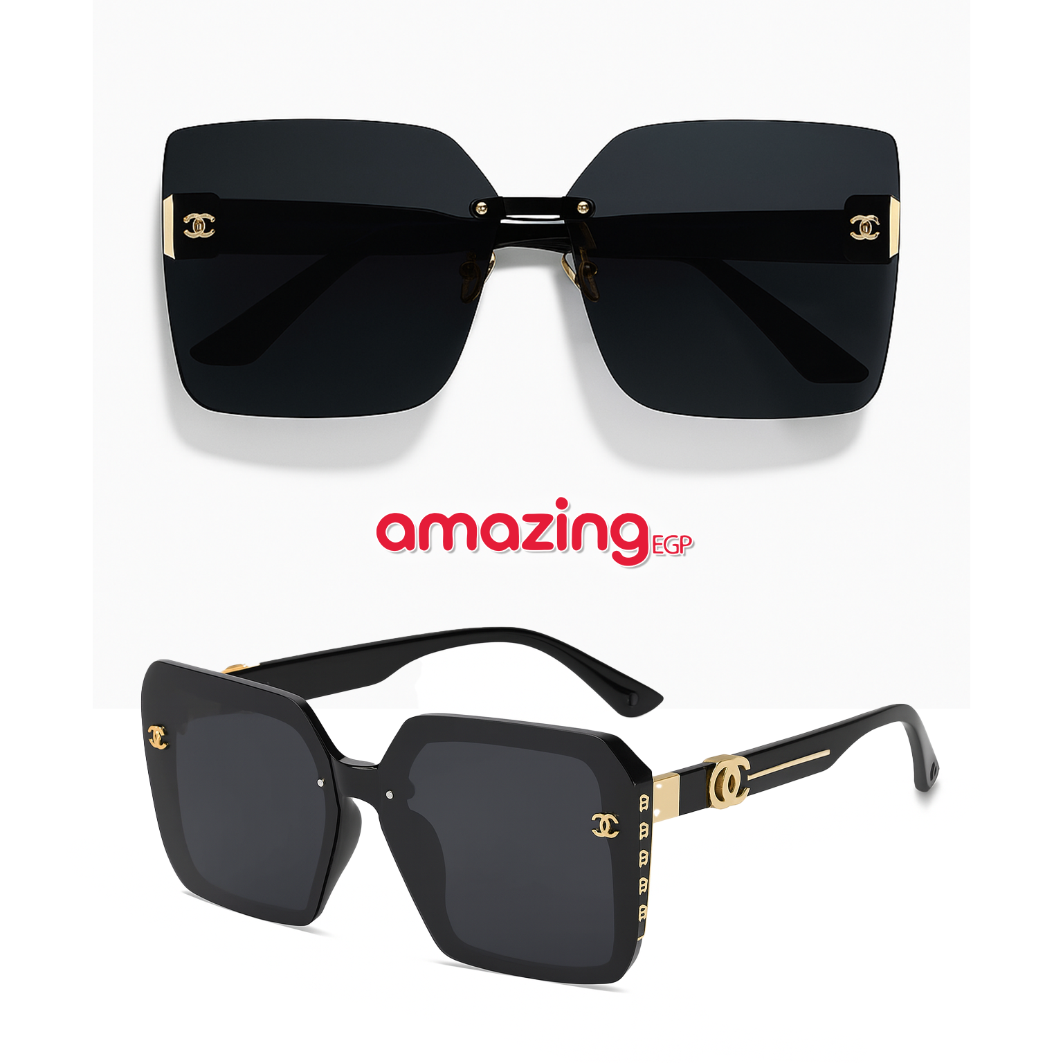 نظارة شمسية نسائية كبيرة الحجم بإطار مربّع كامل UV400 – تصميم كلاسيكي أسود بعدسات رمادي داكن