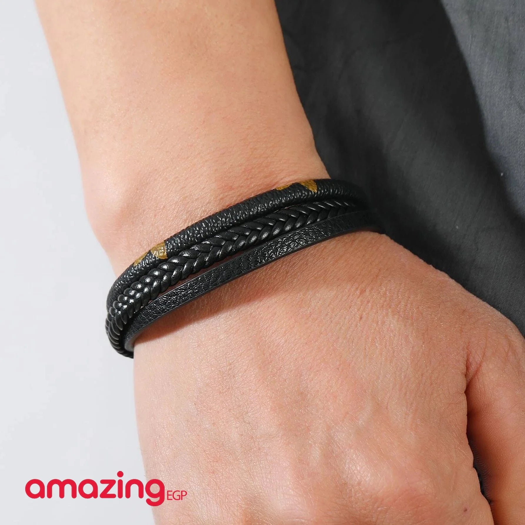سوار للرجال إسورة مضفرة بجلد طبيعي رجالي اساور يد للرجال - اسود | اسورة اكسسوارات الرجال | amazingEGP