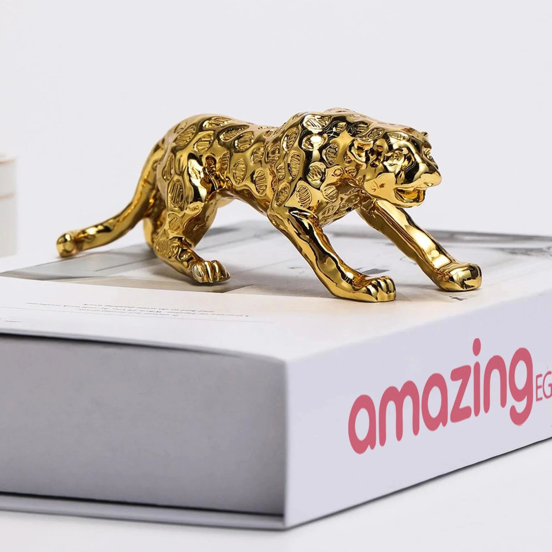 منحوتة مودرن بوليستون ديكور بطباعة جلد الفهد تصميم فهد قطعة واحدة بوليريسين 15 سم 4 سم 45 سم ذهبي | تمثال تمثال مكتب ديكور ديكور_مكتب ديكور_منزل طائر فهد نمر | amazingEGP