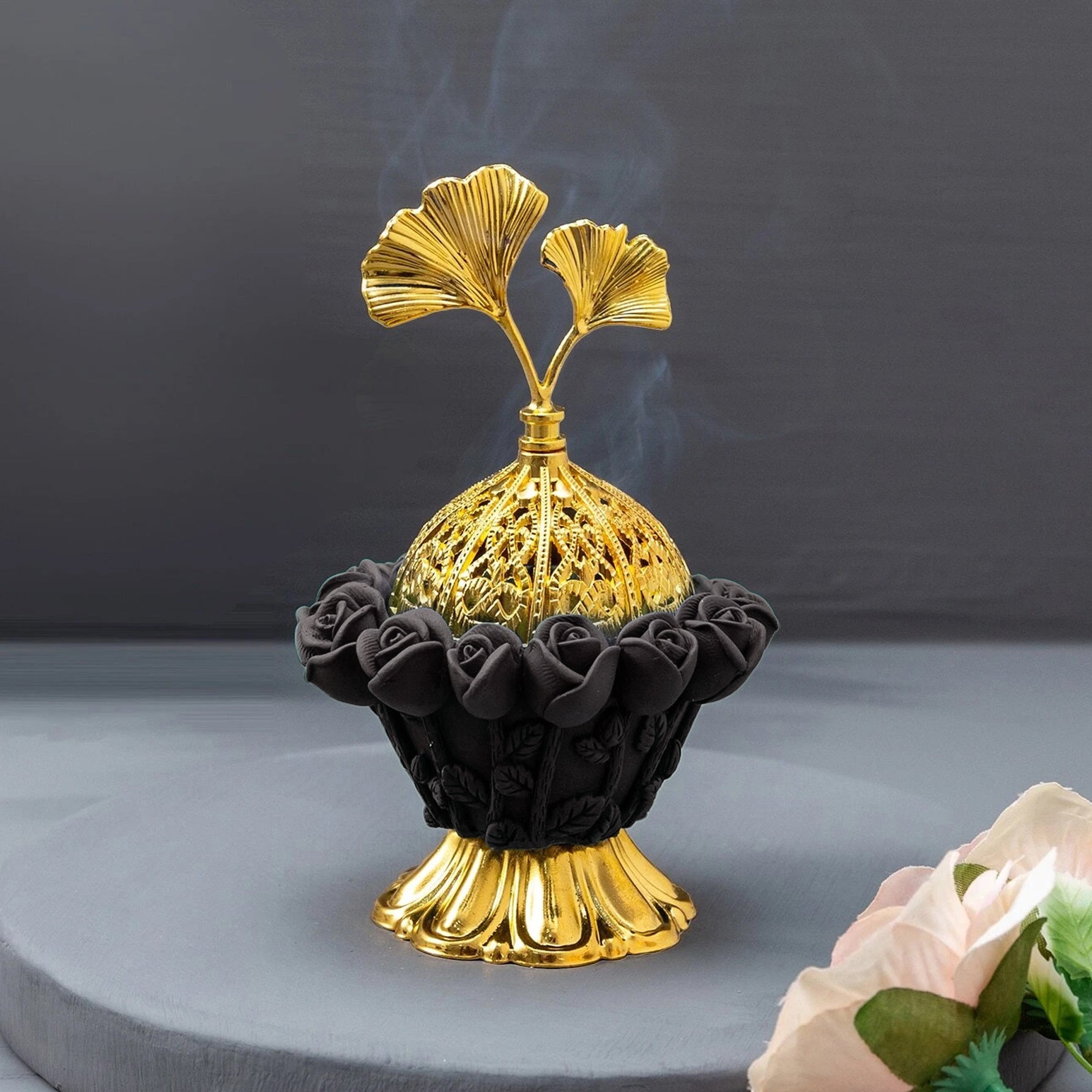 مبخرة وفواحة للبخور بتصميم ديكوري انيق، مبخرة بخور تصميم قطعة واحدة لبخور العود والزهور (اسود)