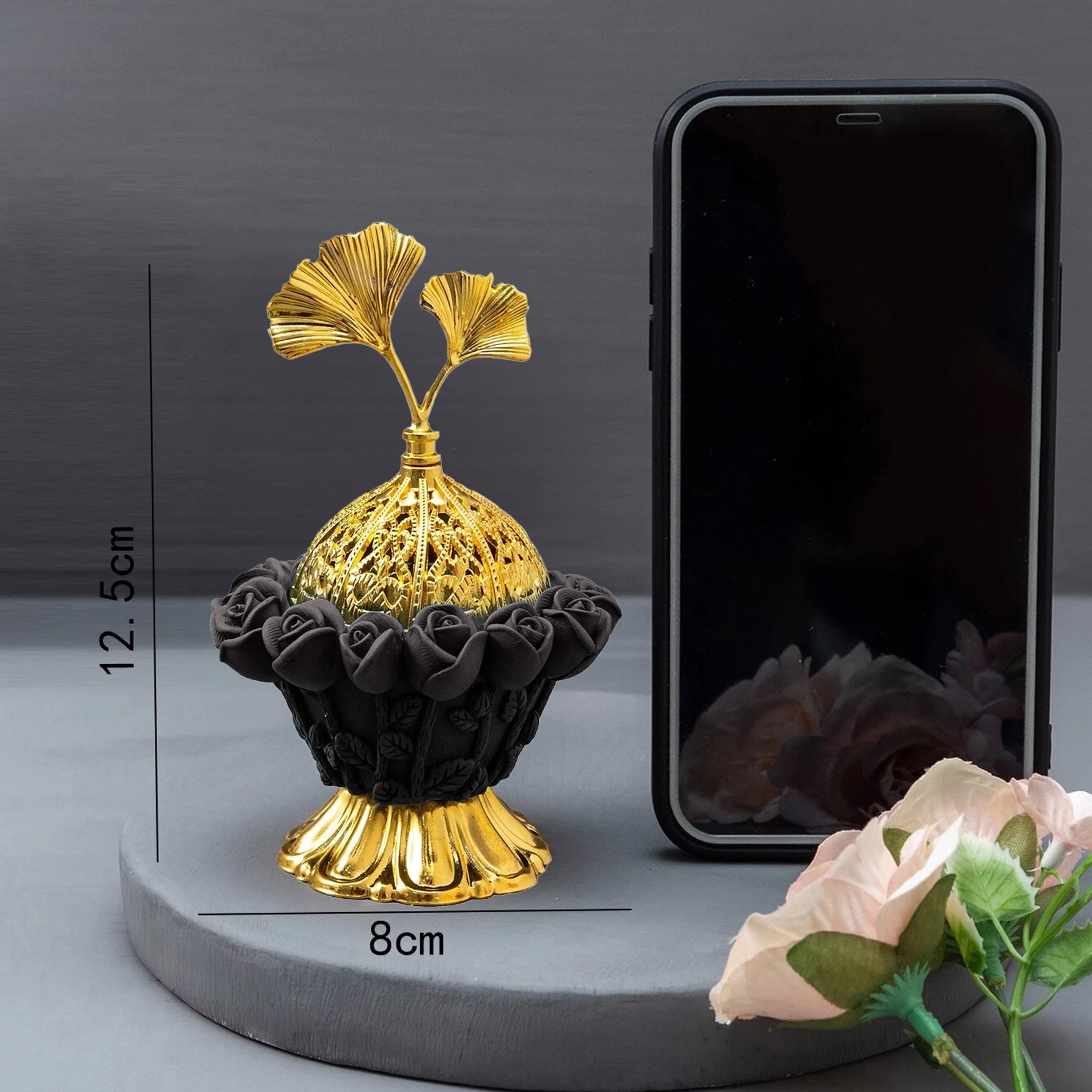 مبخرة وفواحة للبخور بتصميم ديكوري انيق، مبخرة بخور تصميم قطعة واحدة لبخور العود والزهور (اسود)