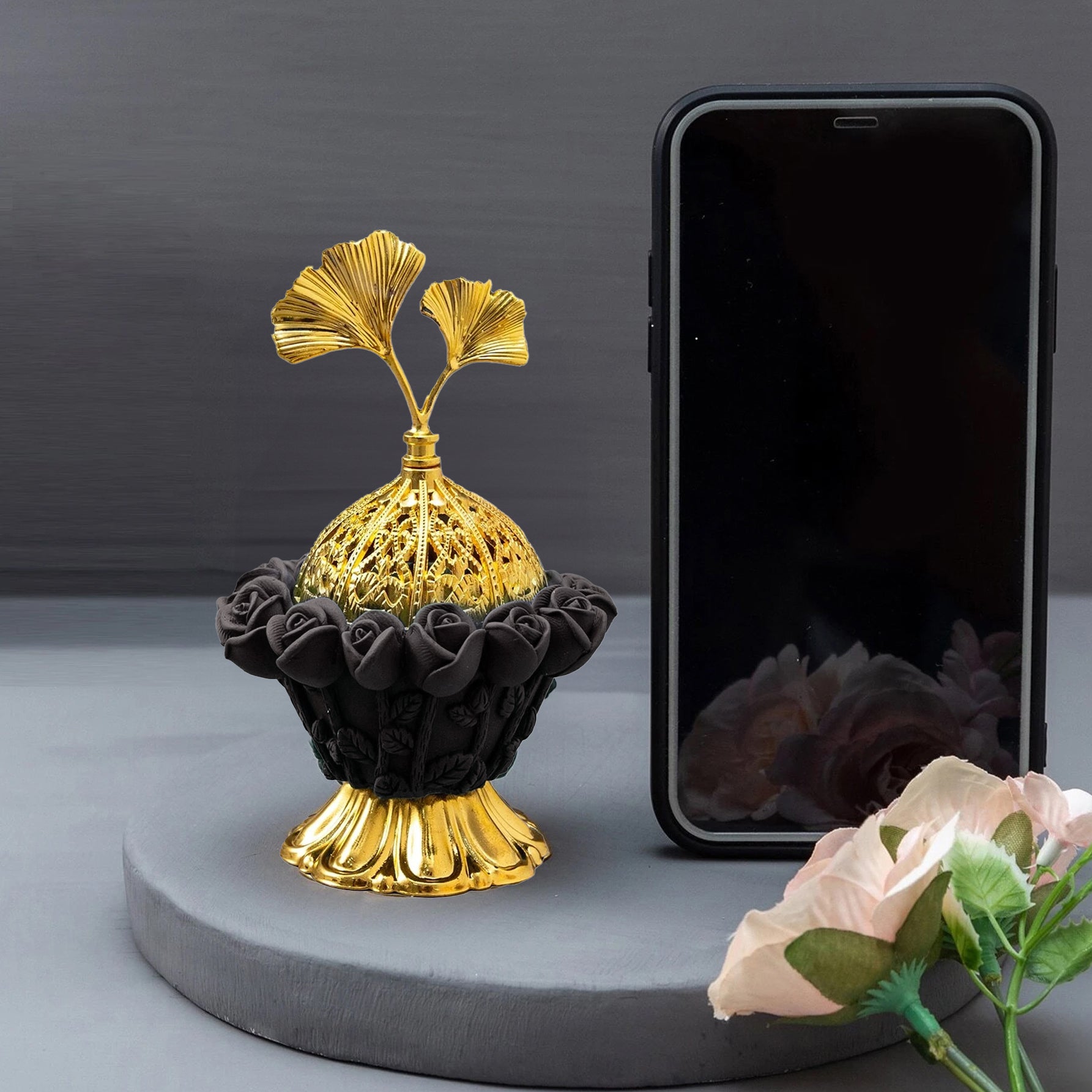 مبخرة وفواحة للبخور بتصميم ديكوري انيق، مبخرة بخور تصميم قطعة واحدة لبخور العود والزهور (اسود)