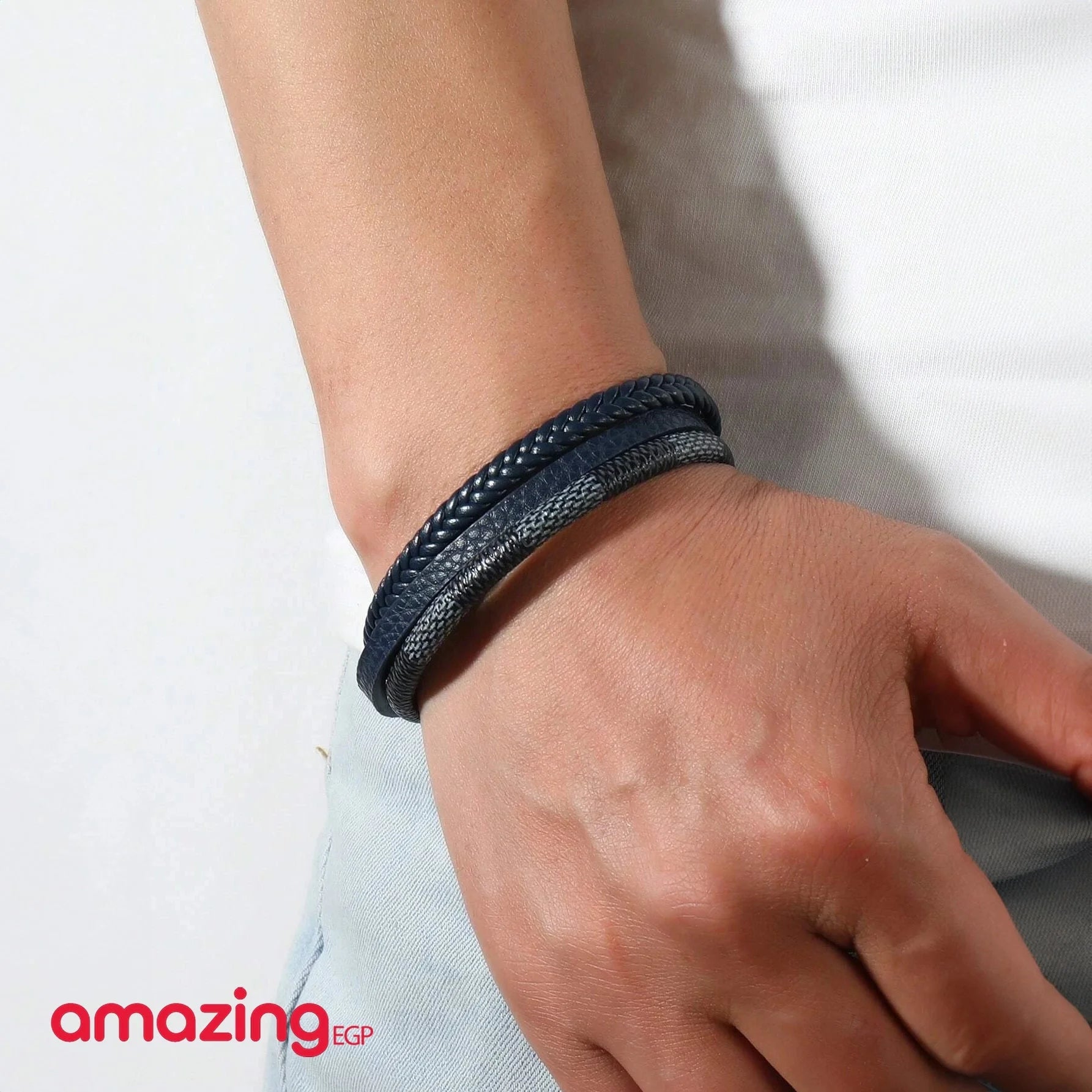 سوار للرجال إسورة مضفرة بجلد طبيعي فاخر رجالي اساور يد للرجال - ازرق | اسورة اكسسوارات الرجال حظاظة سوار ملابس_رجالي | amazingEGP