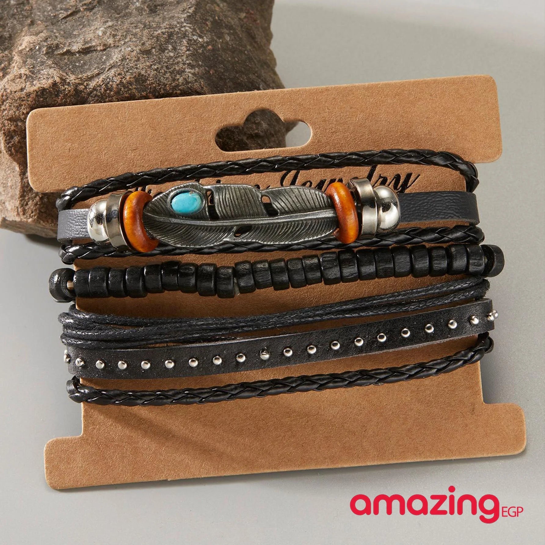 مجموعة من سوار مطرز اساور إسورة يد للرجال من الخشب - 3 قطع | اساور اسورة اكسسوارات الرجال سوار | amazingEGP