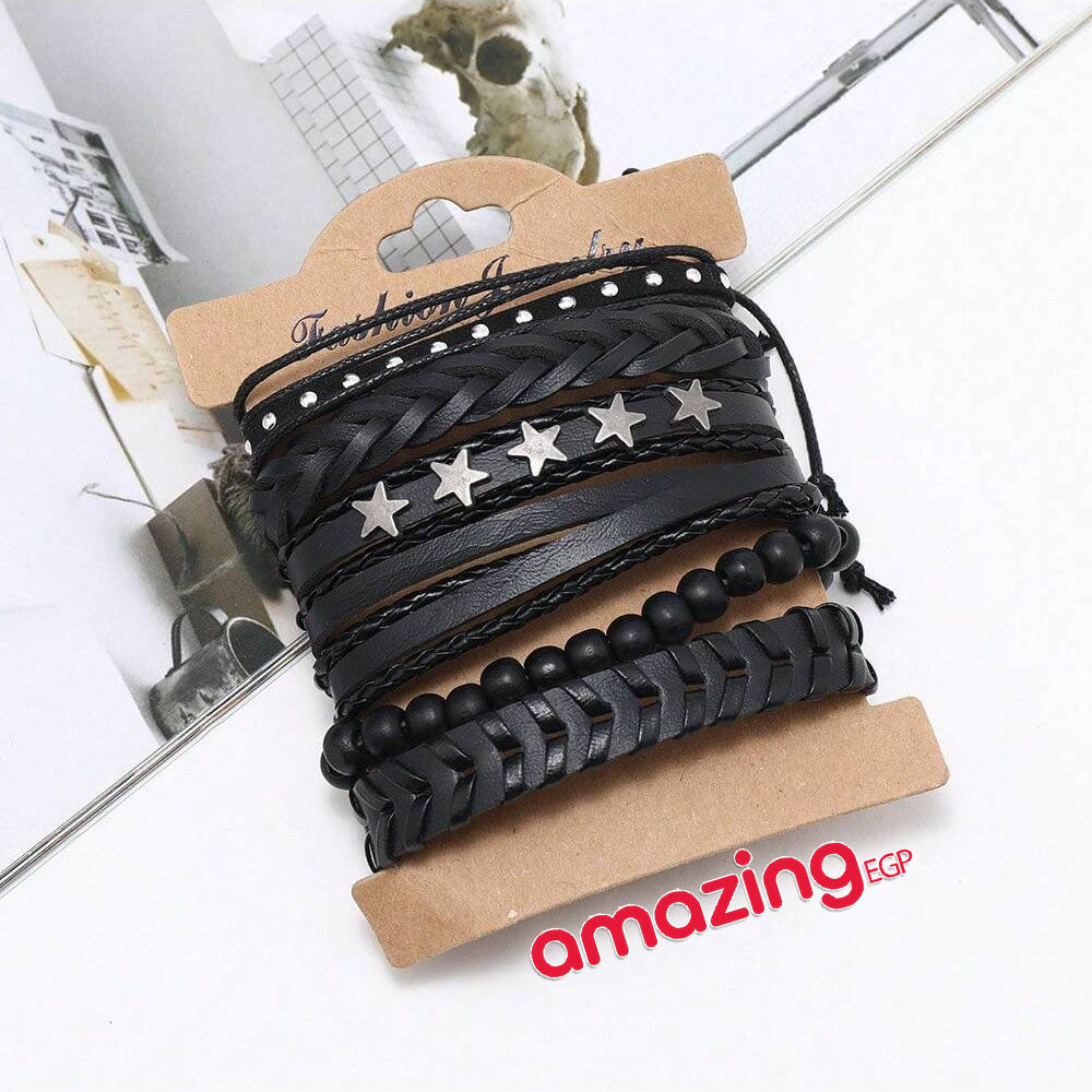 سوار للجنسين إسورة مضفرة بجلد طبيعي فاخر للرجال والنساء اساور يد محظوظ أسورة منسوجة زخرفة اليدوية نجوم - أسود MXJJ00012