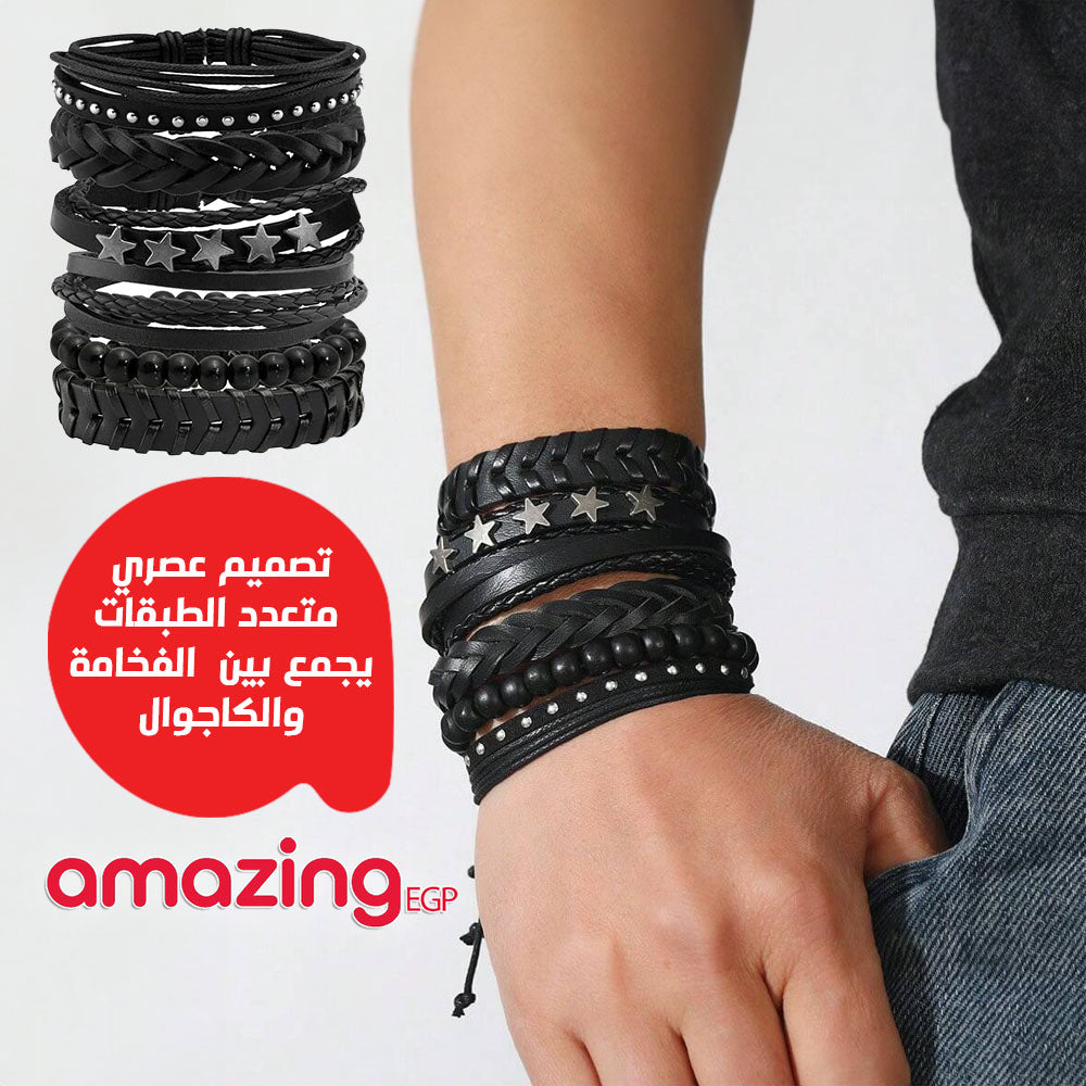 سوار للجنسين إسورة مضفرة بجلد طبيعي فاخر للرجال والنساء اساور يد محظوظ أسورة منسوجة زخرفة اليدوية نجوم - أسود MXJJ00012