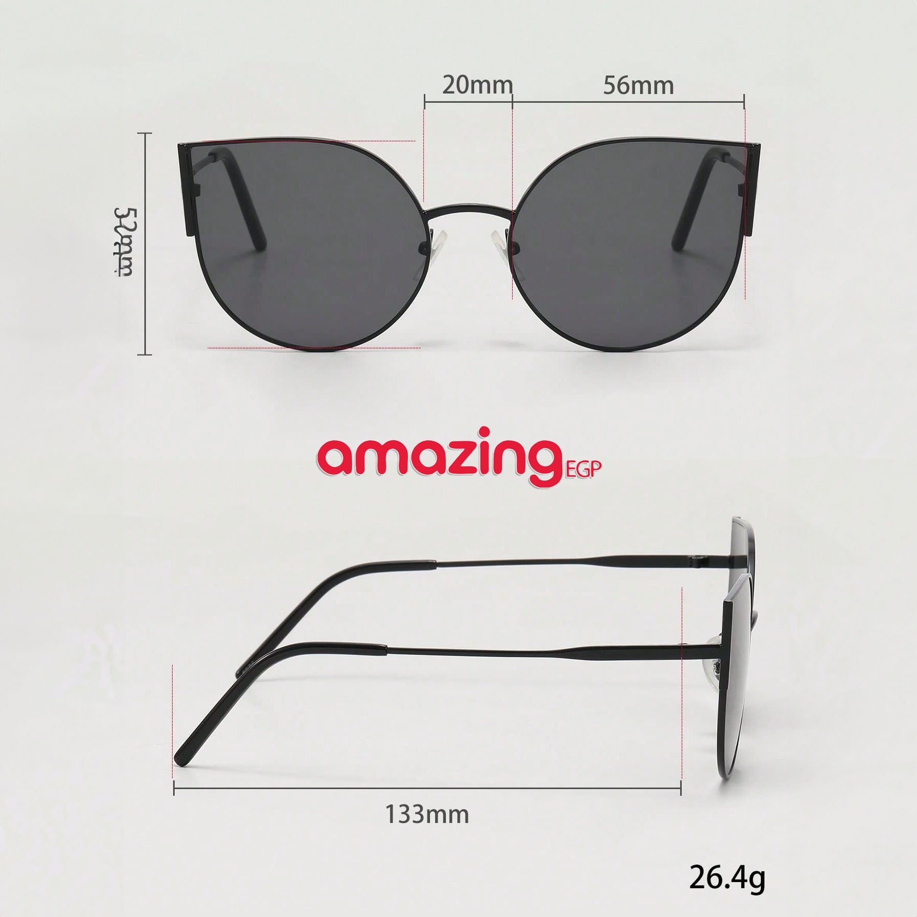 نظارات شمسية عين القطة بإطار كامل إطلالة أنيقة للموضة والخروجات اليومية والصيف والشاطئ – أسود بعدسات رمادية