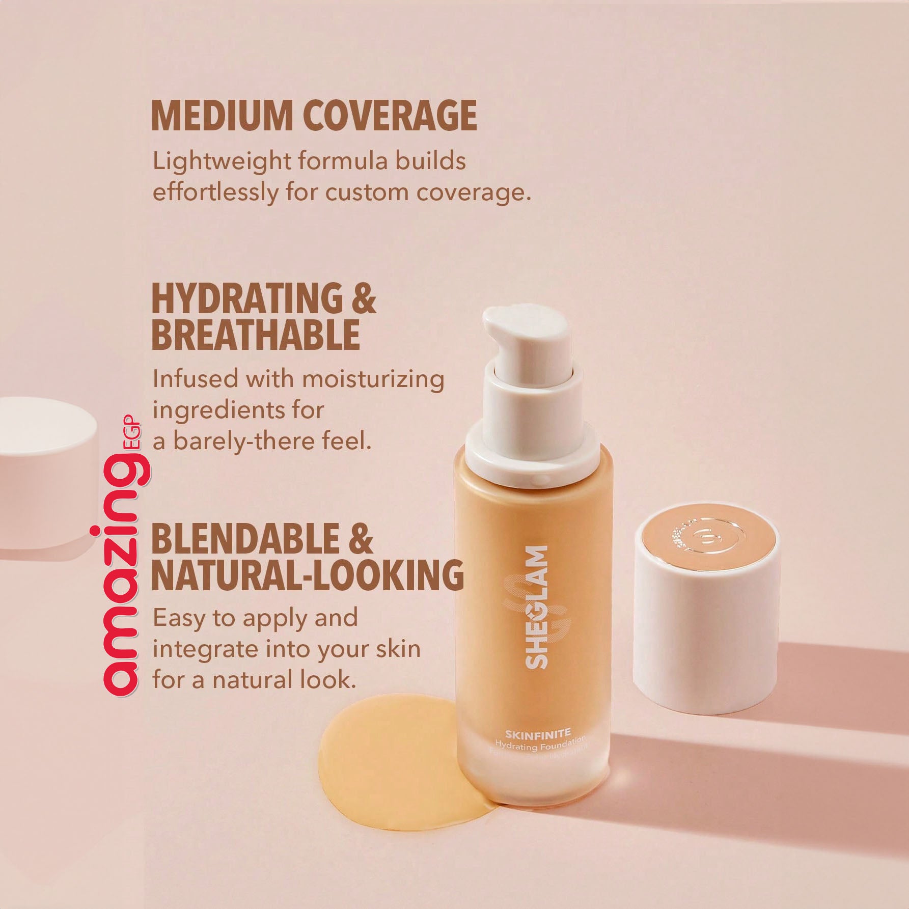 SHEGLAM Skinfinite عيِّنة كريم أساس مرطِّب بلمسة ندية – تغطية متوسطة قابلة للبناء، مظهر طبيعي خفيف، خالٍ من العطور والكحول، نباتي  –عينة 1.5 جم (Shade: Shell)