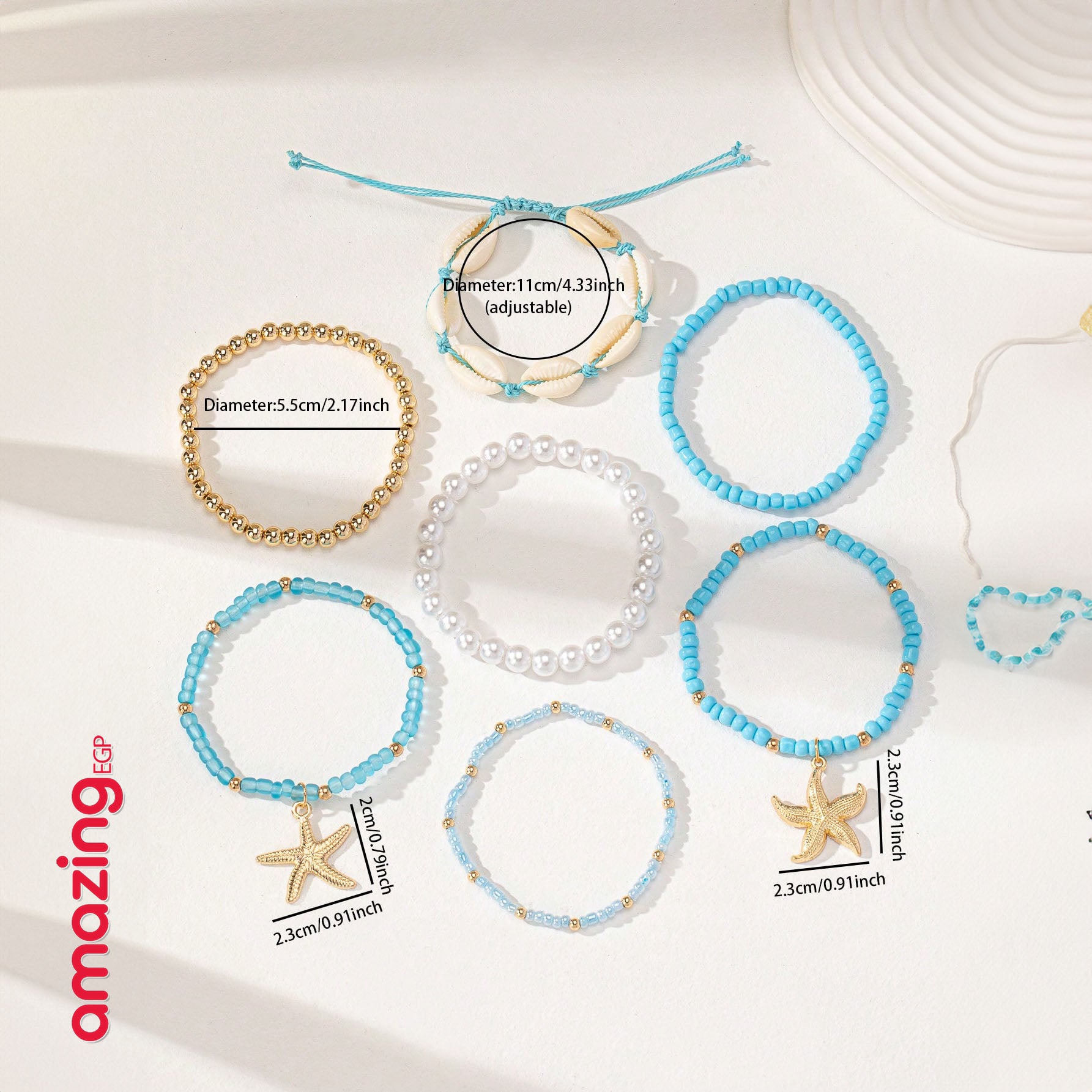 مجموعة أساور نسائية بوهيمية – أصداف ونجمات بتصميم صيفي عصري - (7 قطع)