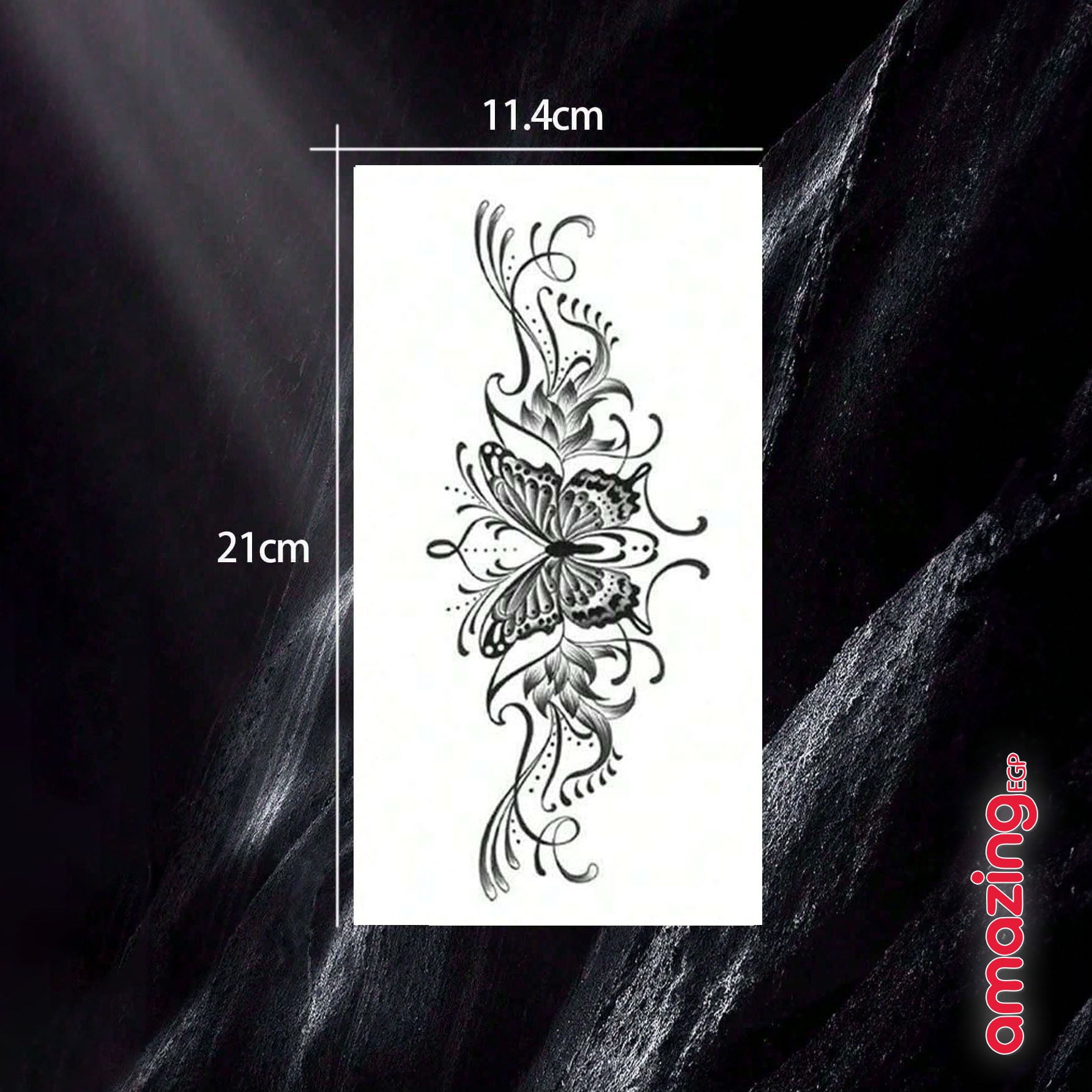ملصق وشم فراشة أسود مؤقّت للخصر/البطن – مقاوم للماء ويُخفي الندوب