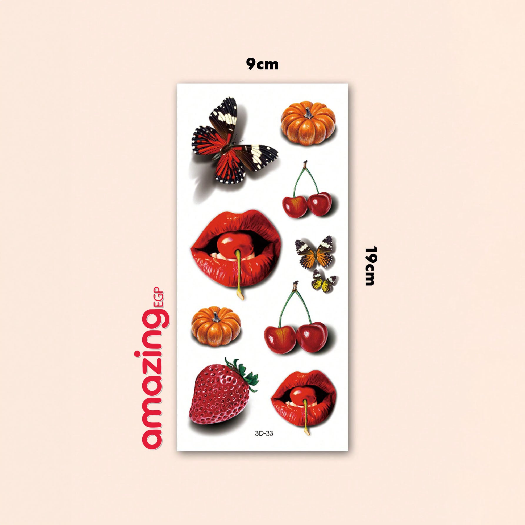 لصاقات وشم مؤقت 3D بحجم كبير (قطعتان) — شفاه حمراء مع فراشات وورود وكرز/فراولة | 3D33-35
