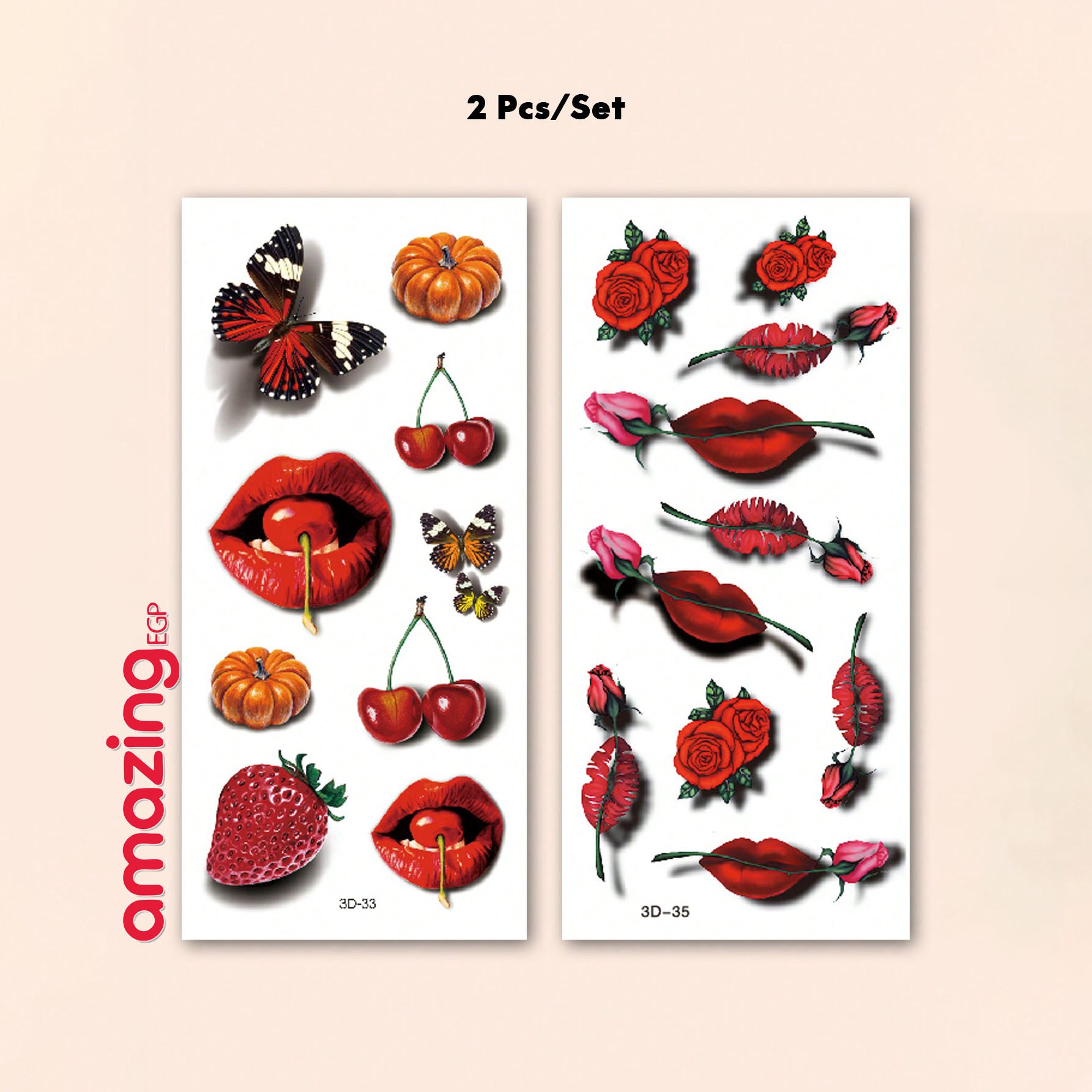 لصاقات وشم مؤقت 3D بحجم كبير (قطعتان) — شفاه حمراء مع فراشات وورود وكرز/فراولة | 3D33-35