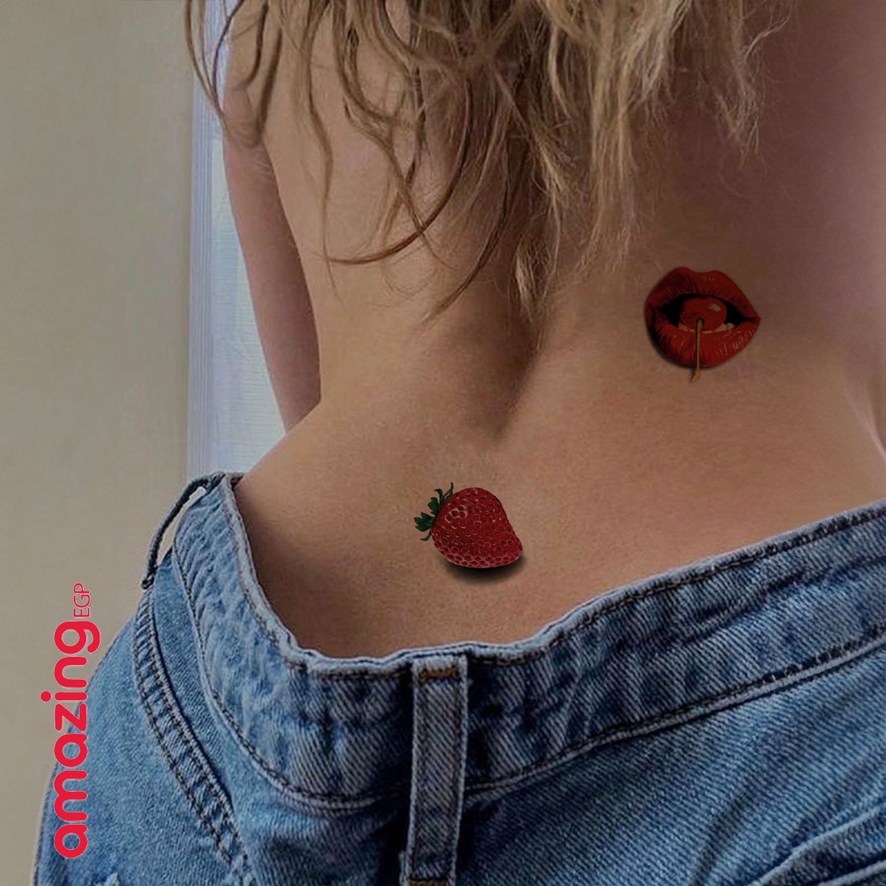 لصاقات وشم مؤقت 3D بحجم كبير (قطعتان) — شفاه حمراء مع فراشات وورود وكرز/فراولة | 3D33-35