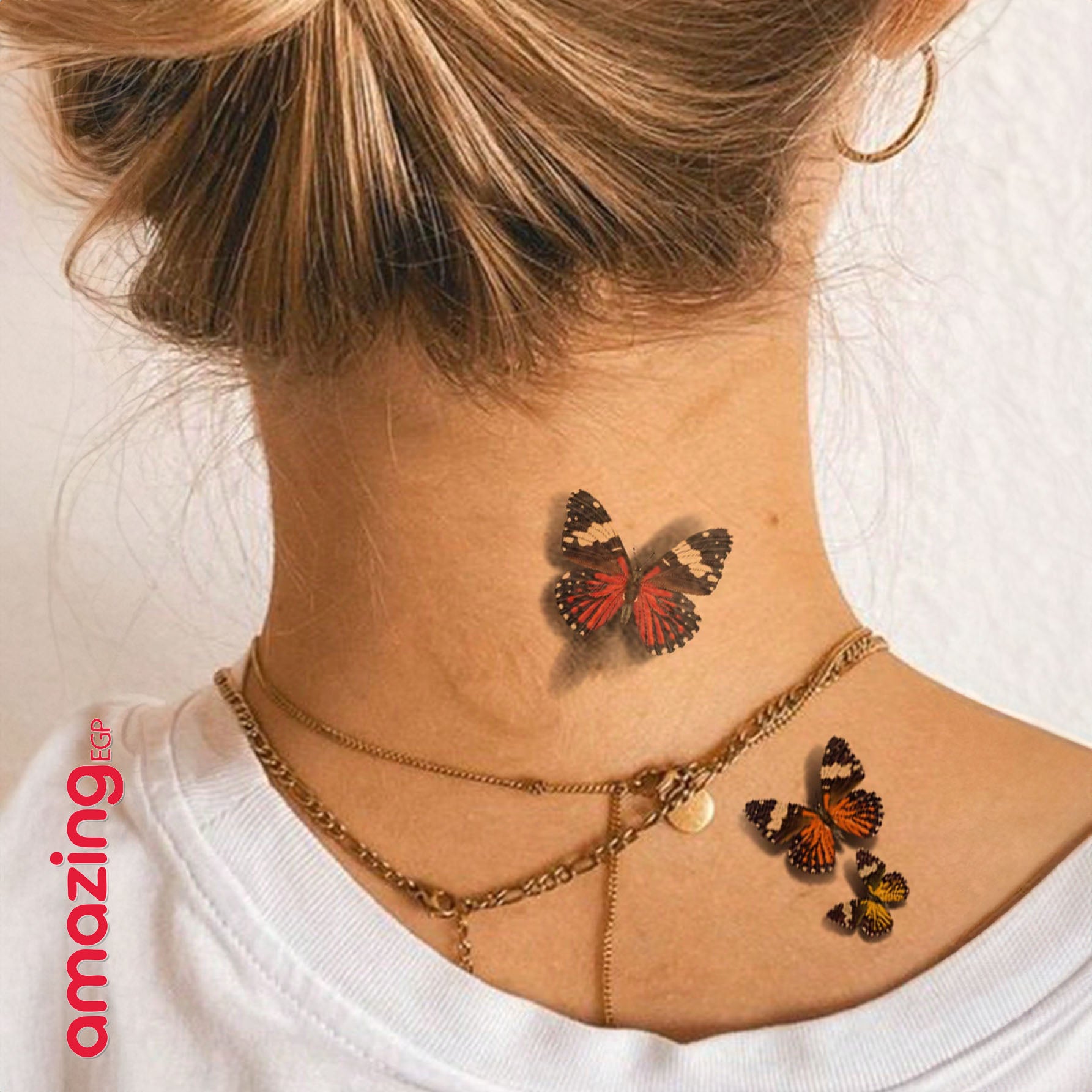 لصاقات وشم مؤقت 3D بحجم كبير (قطعتان) — شفاه حمراء مع فراشات وورود وكرز/فراولة | 3D33-35