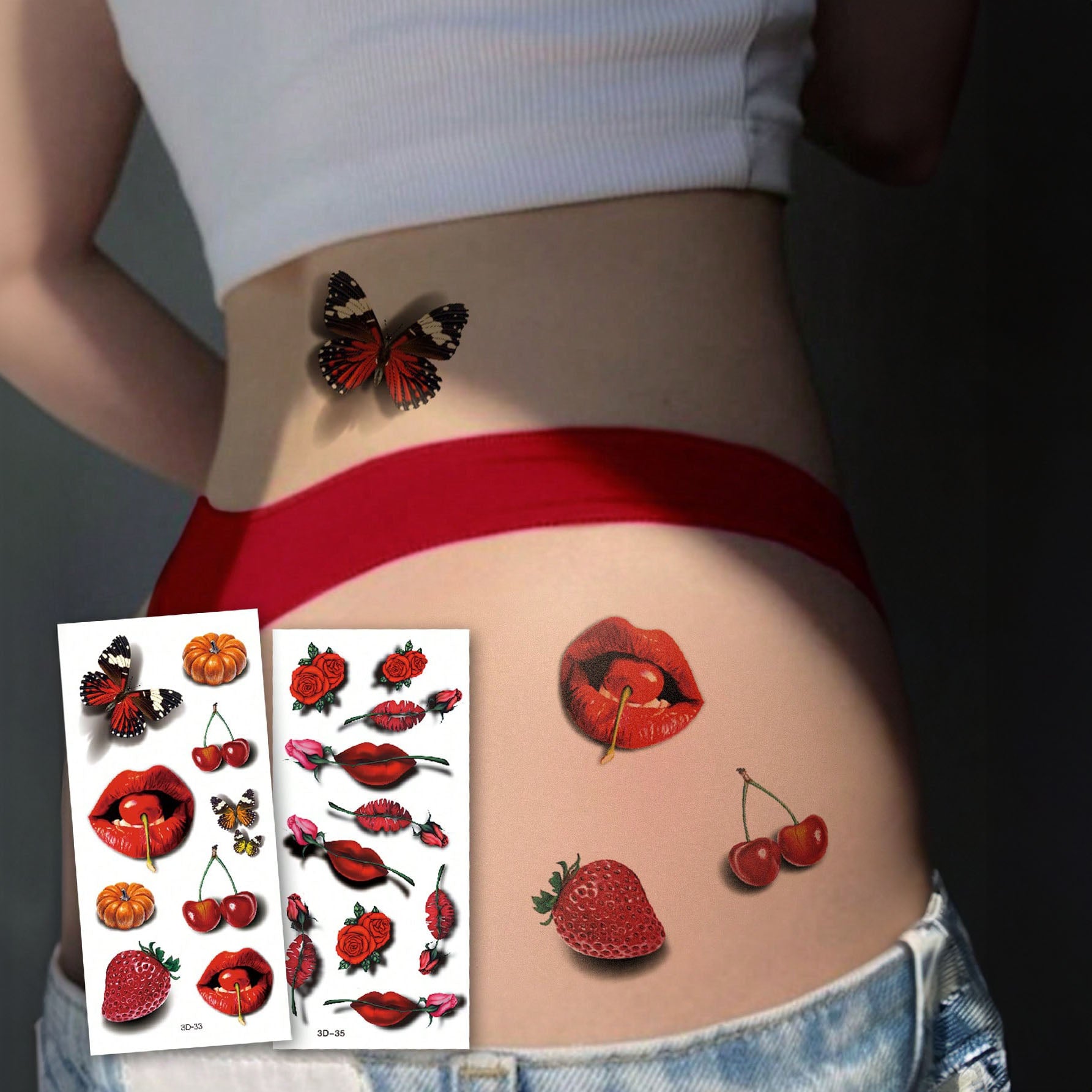 لصاقات وشم مؤقت 3D بحجم كبير (قطعتان) — شفاه حمراء مع فراشات وورود وكرز/فراولة | 3D33-35