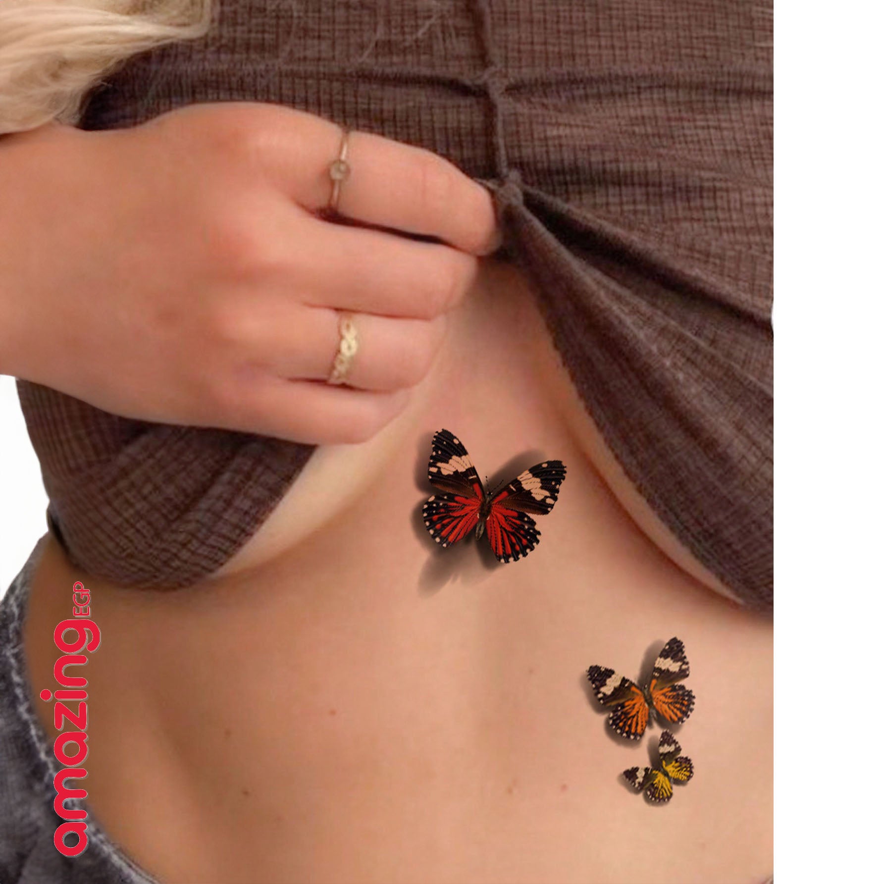 لصاقات وشم مؤقت 3D بحجم كبير (قطعتان) — شفاه حمراء مع فراشات وورود وكرز/فراولة | 3D33-35