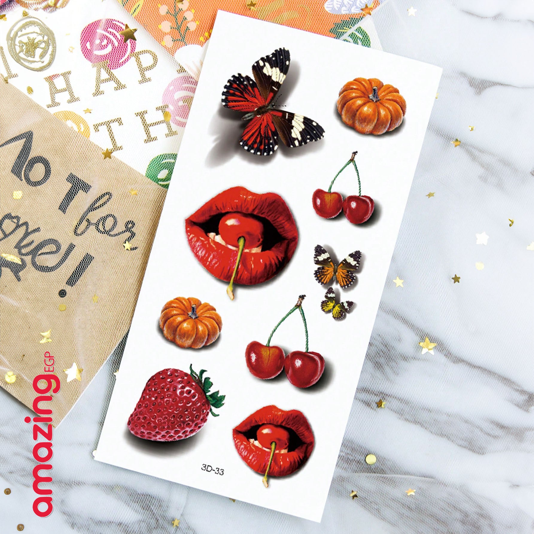 لصاقات وشم مؤقت 3D بحجم كبير (قطعتان) — شفاه حمراء مع فراشات وورود وكرز/فراولة | 3D33-35