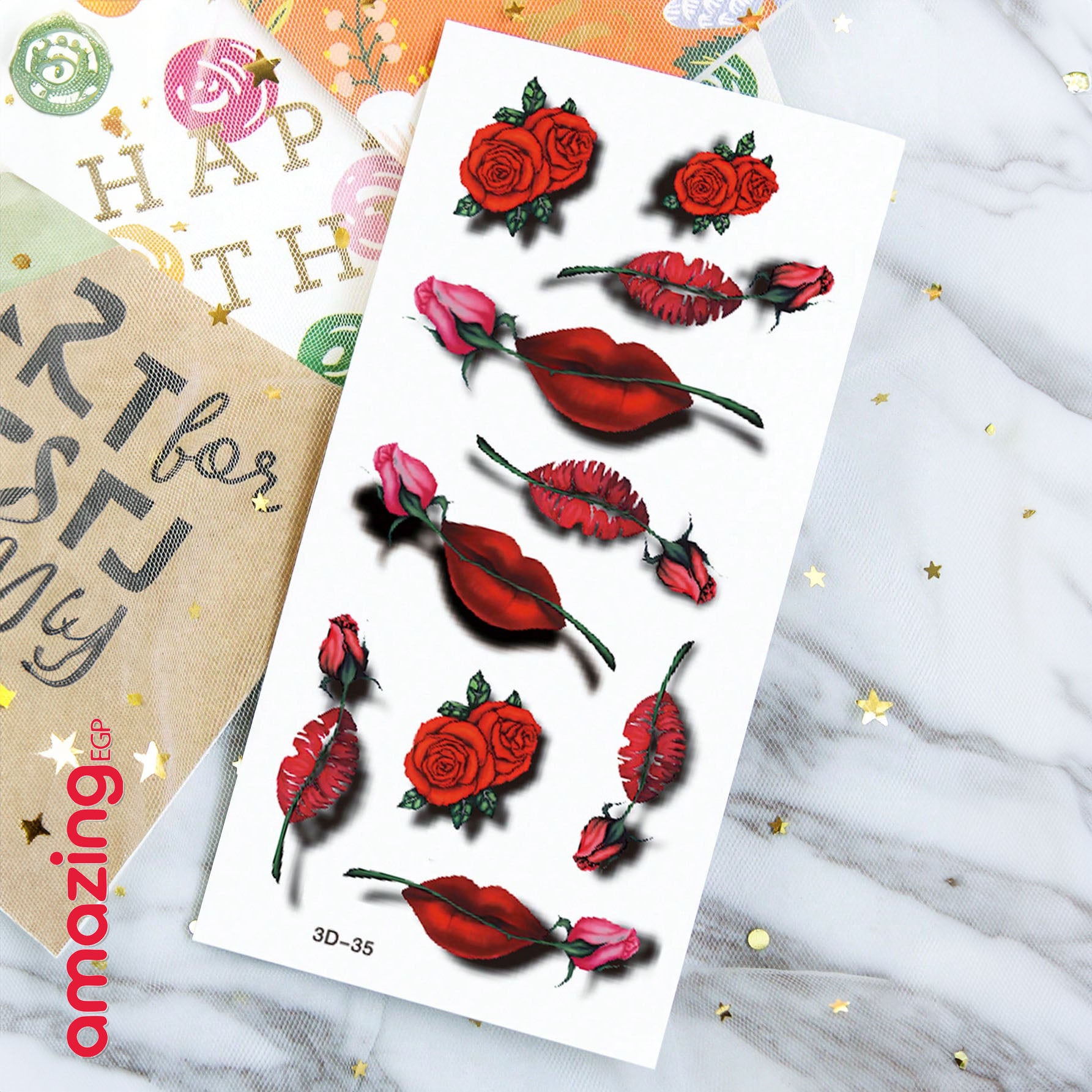 لصاقات وشم مؤقت 3D بحجم كبير (قطعتان) — شفاه حمراء مع فراشات وورود وكرز/فراولة | 3D33-35