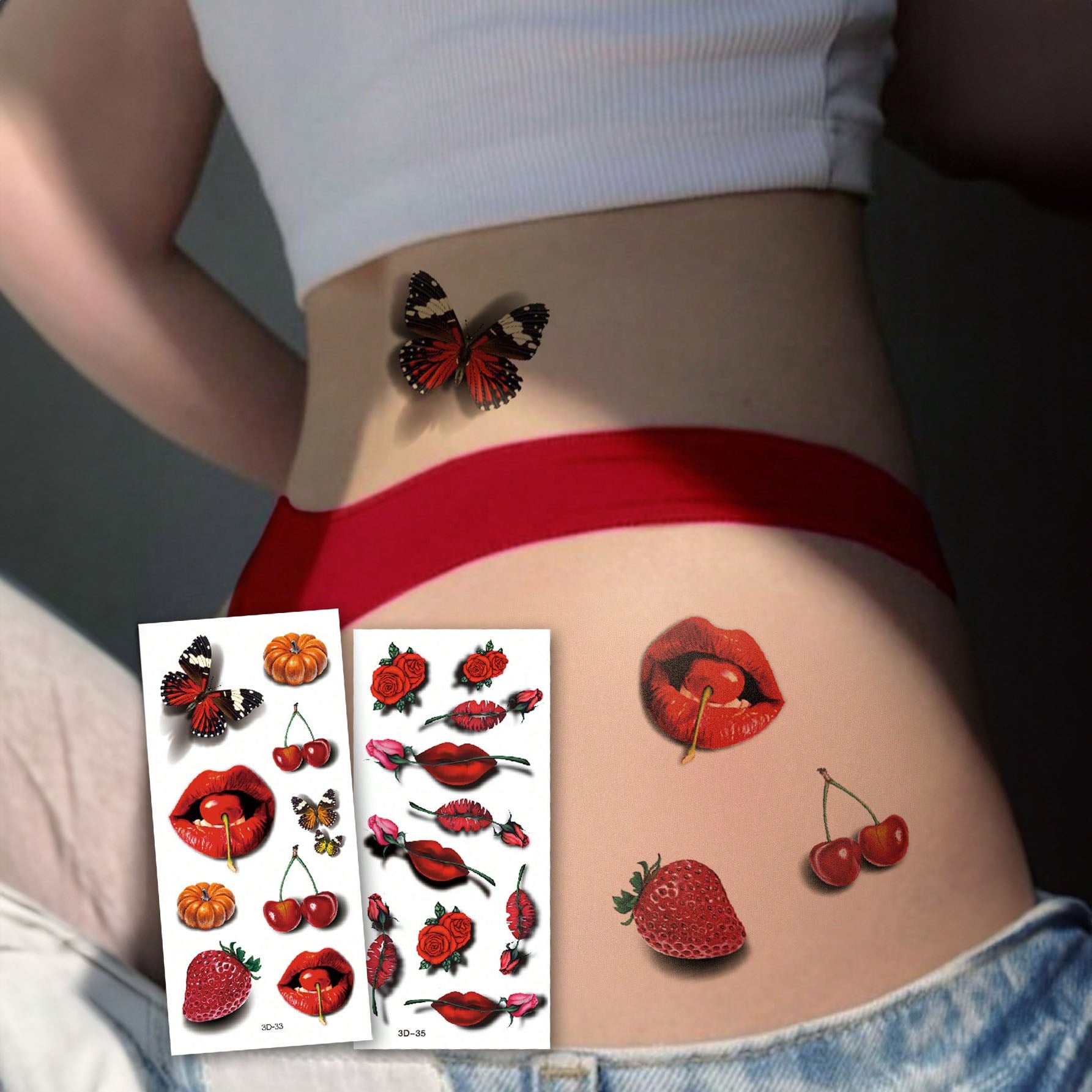 لصاقات وشم مؤقت 3D بحجم كبير (قطعتان) — شفاه حمراء مع فراشات وورود وكرز/فراولة | 3D33-35