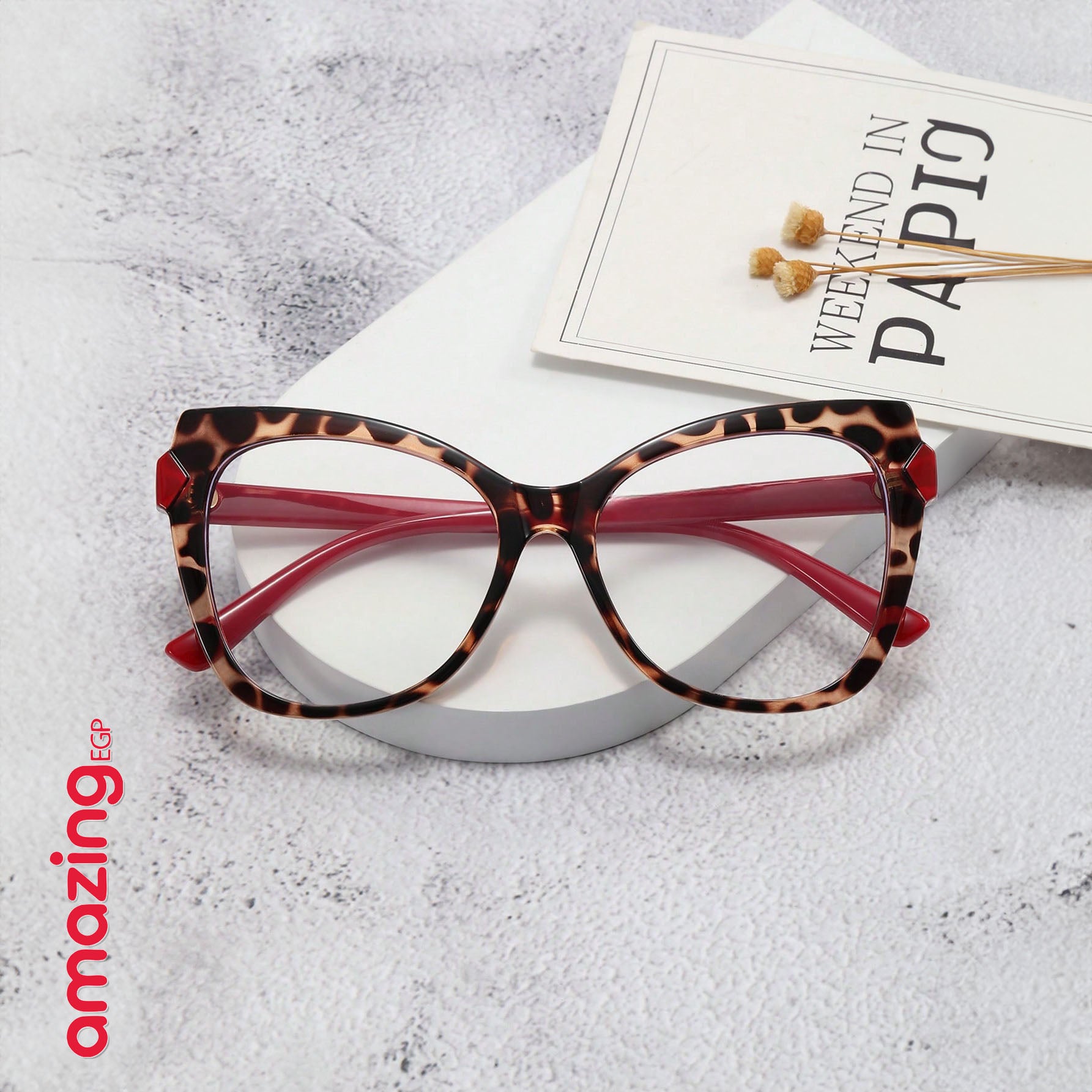 نظارات حماية من الضوء الأزرق للكمبيوتر بإطار عين القطة بطبعة النمر – عدسات شفافة UV400، وزن خفيف – نقشة نمر/أذرع حمراء