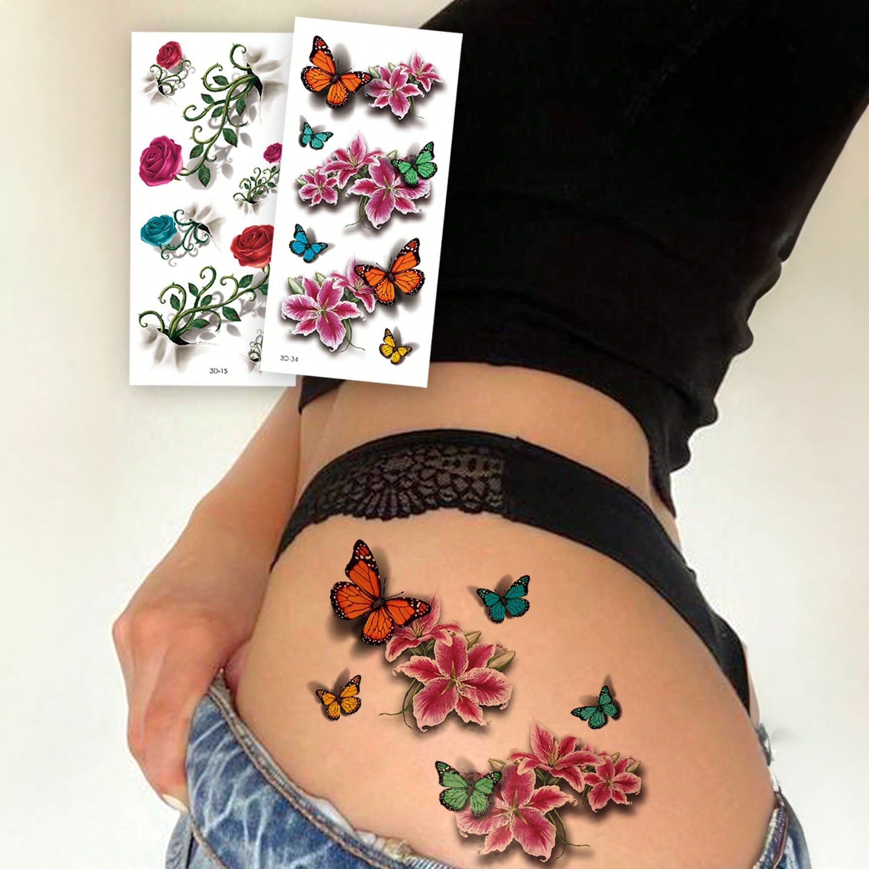 ورقتان وشم جسد مؤقت كبير للفتيات والنساء – فراشات ملوّنة وورود ثلاثية الأبعاد 3D، مضاد للماء، يغطي الندوب، يدوم 2–5 أيام، مناسب للذراع والرسغ والكتف والساق والخصر والرقبة واليد والصدر والفخذين - 3d15-34