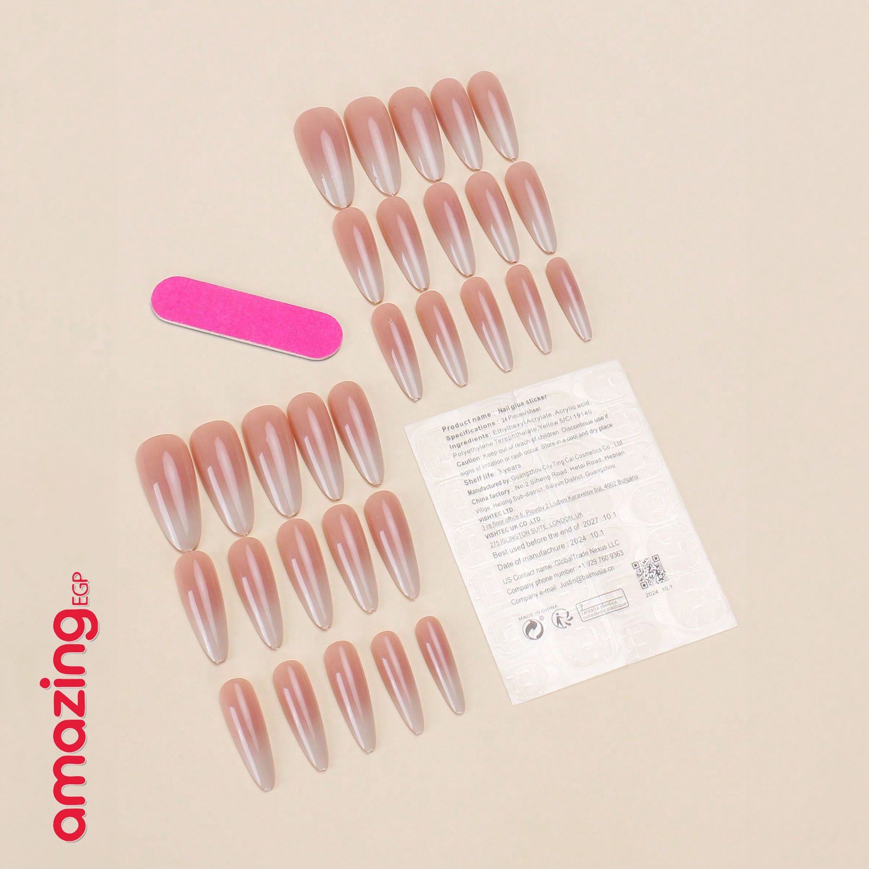 أظافر لاصقة قابلة لإعادة الاستخدام – 30 قطعة شكل لوزي بتدرّج وردي أنيق + لاصق جيلي ومبرد
