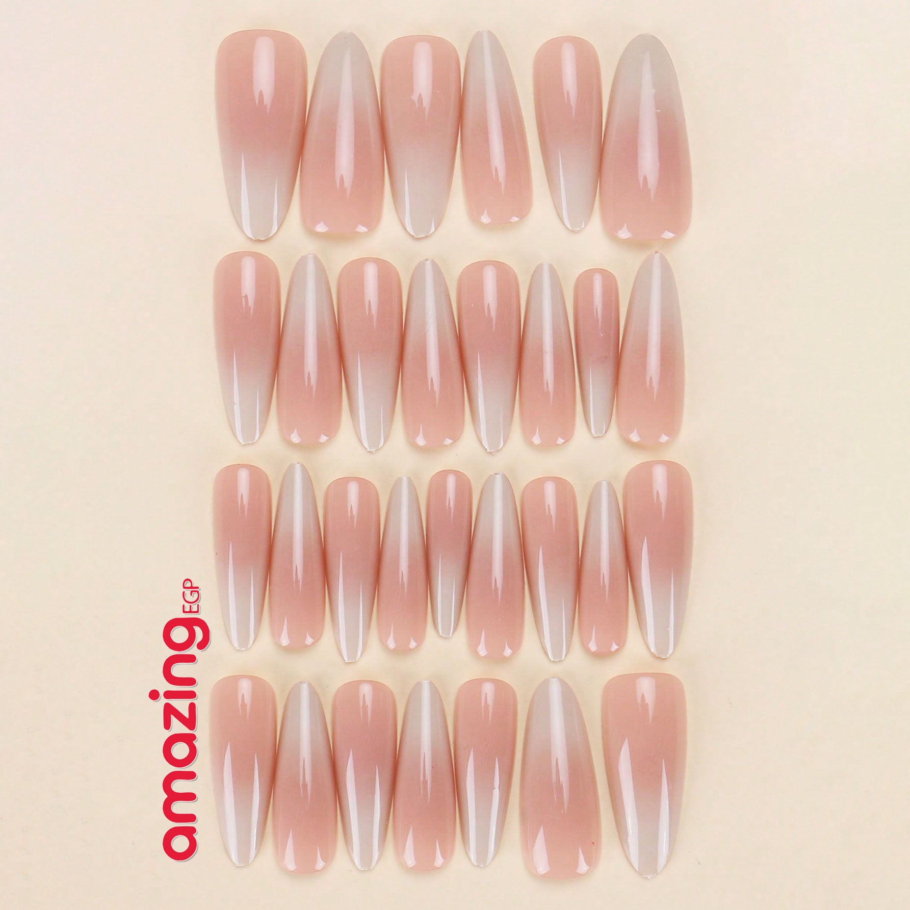 أظافر لاصقة قابلة لإعادة الاستخدام – 30 قطعة شكل لوزي بتدرّج وردي أنيق + لاصق جيلي ومبرد