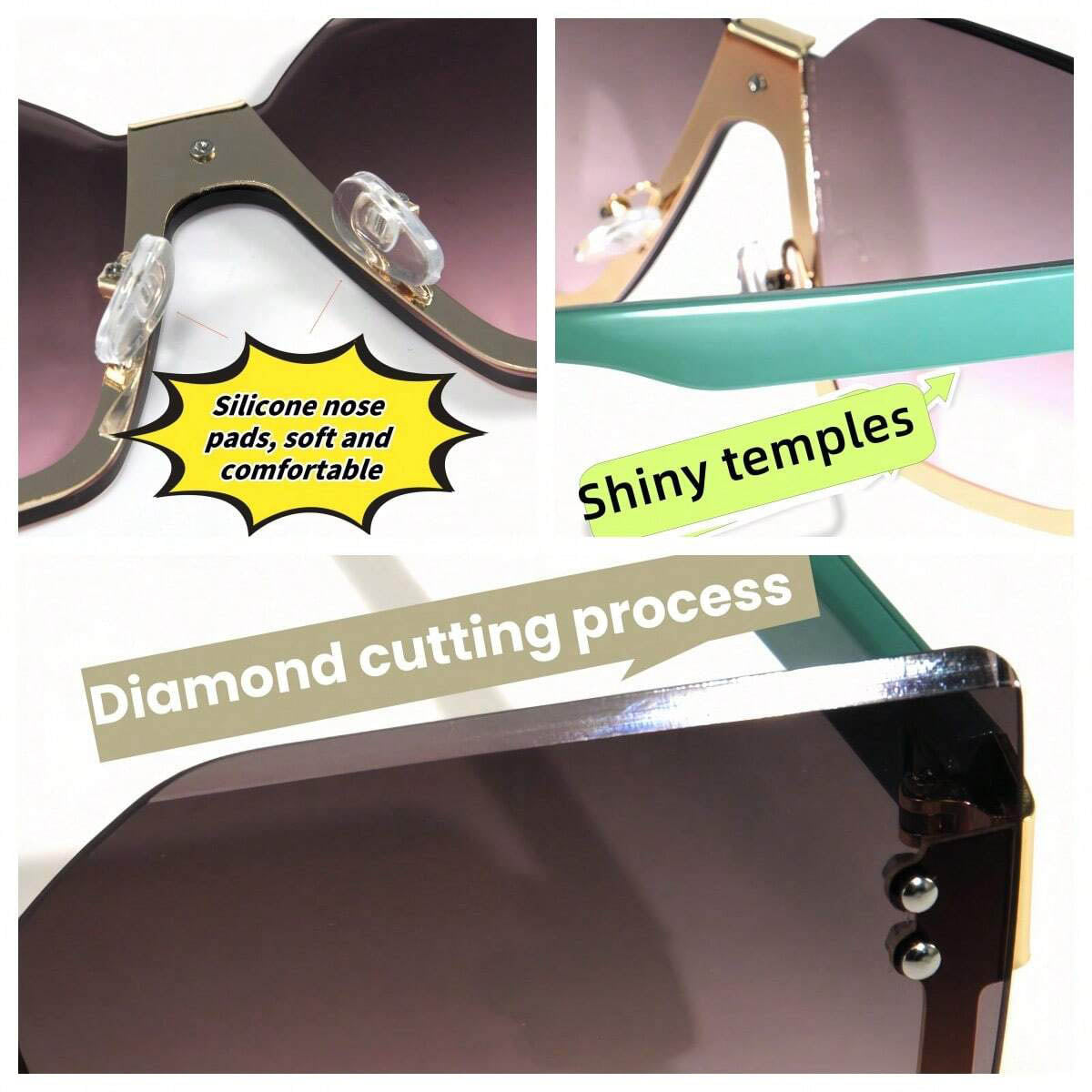 نظارات شمسية بإطار معدني نصف-بدون حواف مزينة بالراين – ستايل أوروبي/أمريكي أنيق للنساء