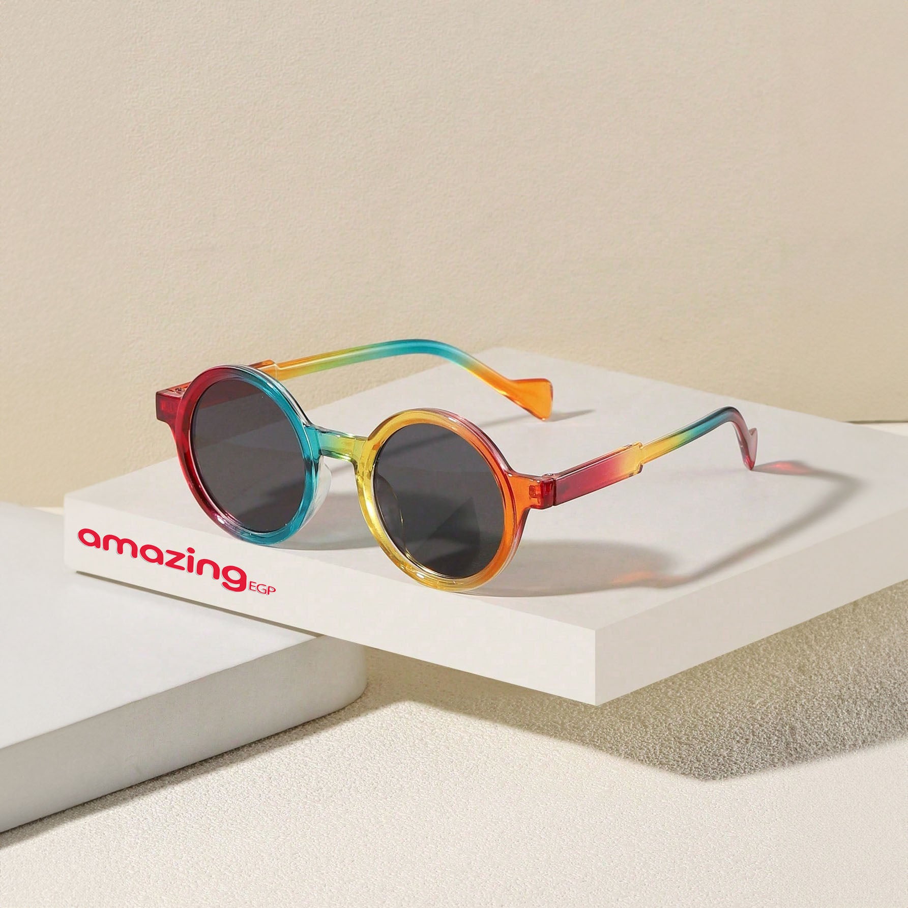 نظارات شمسية دائرية بوهيمية مطبوعة بألوان قوس قزح بعدسات أكريليك وإطار بولي كربونات خفيف
