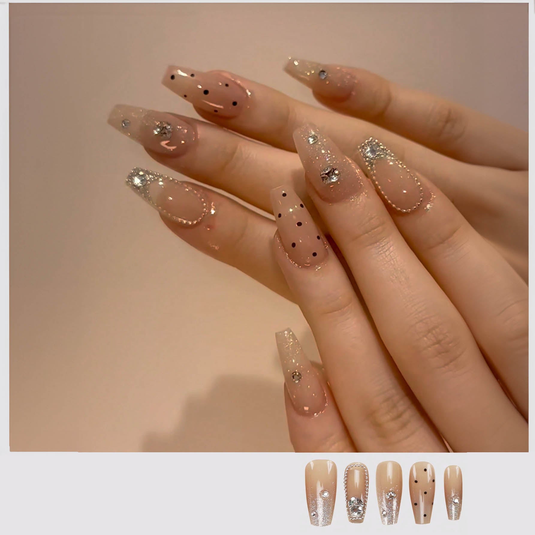 30 قطعة أظافر صناعية تابوتية مرصعة بالراين + غراء جيلي + مبرد – تصميم فرنسي لامع قابل للإزالة وإعادة الاستخدام