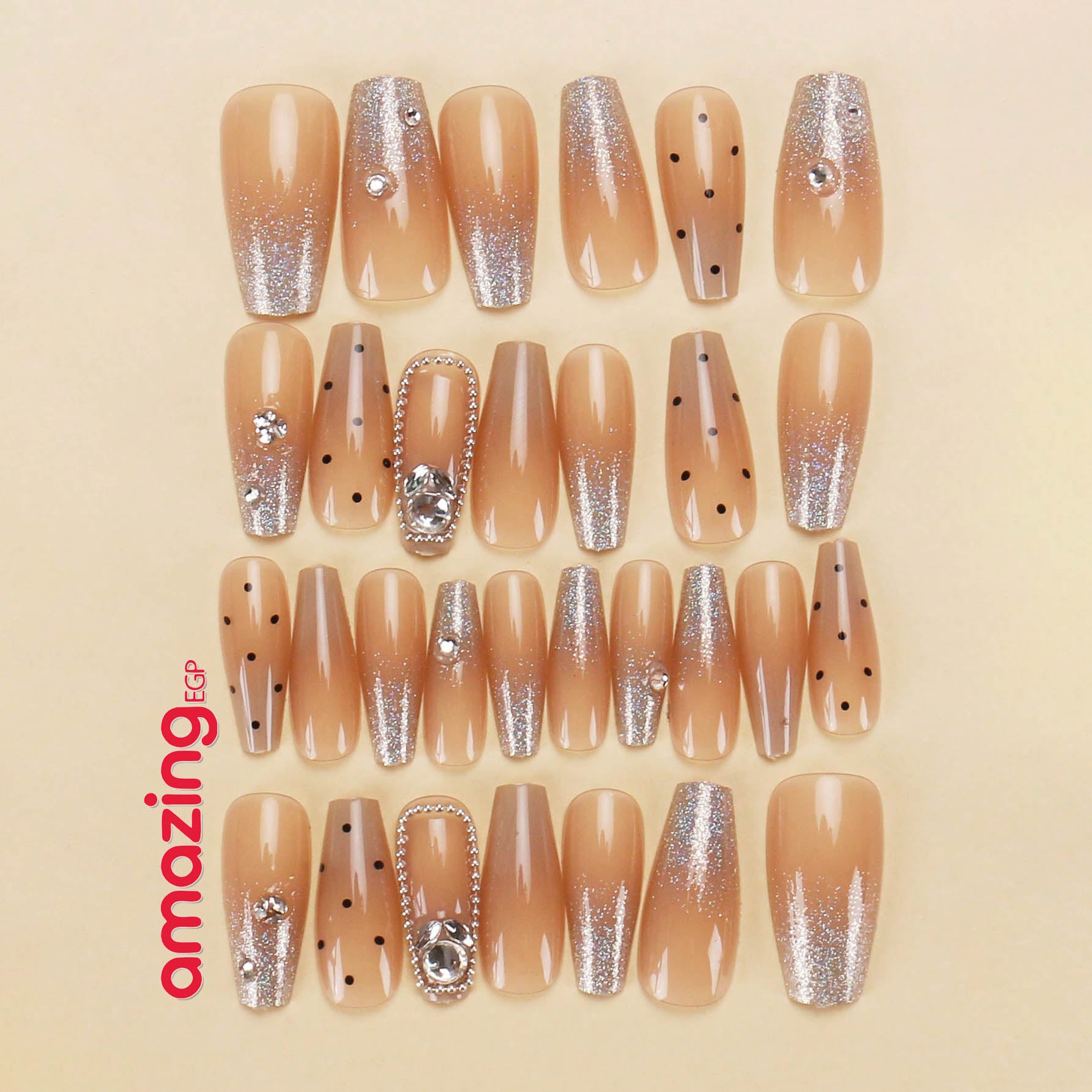 30 قطعة أظافر صناعية تابوتية مرصعة بالراين + غراء جيلي + مبرد – تصميم فرنسي لامع قابل للإزالة وإعادة الاستخدام