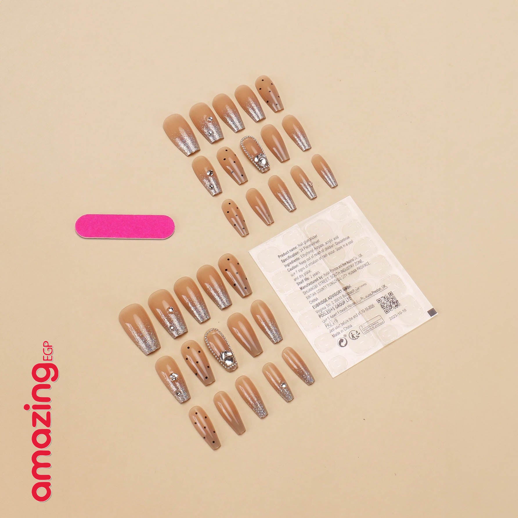 30 قطعة أظافر صناعية تابوتية مرصعة بالراين + غراء جيلي + مبرد – تصميم فرنسي لامع قابل للإزالة وإعادة الاستخدام
