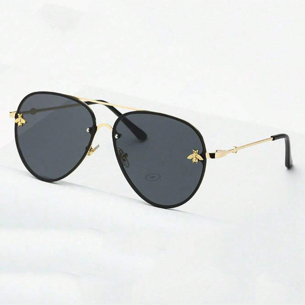 نظارة شمس أنيقة بإطار معدني وتفاصيل نحلة عتيقة – عدسات سوداء UV400 مقاومة للتوهج