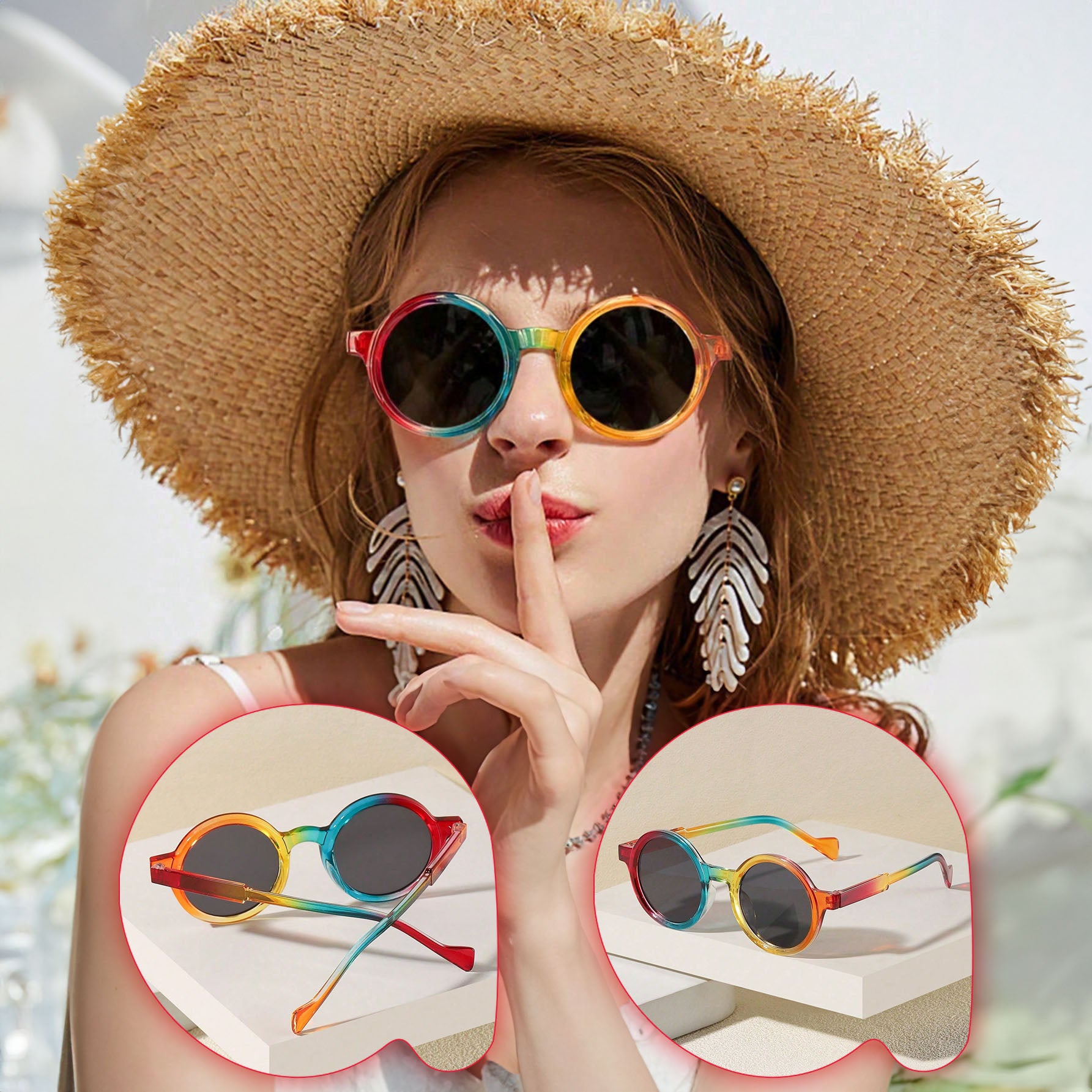 نظارات شمسية دائرية بوهيمية مطبوعة بألوان قوس قزح بعدسات أكريليك وإطار بولي كربونات خفيف