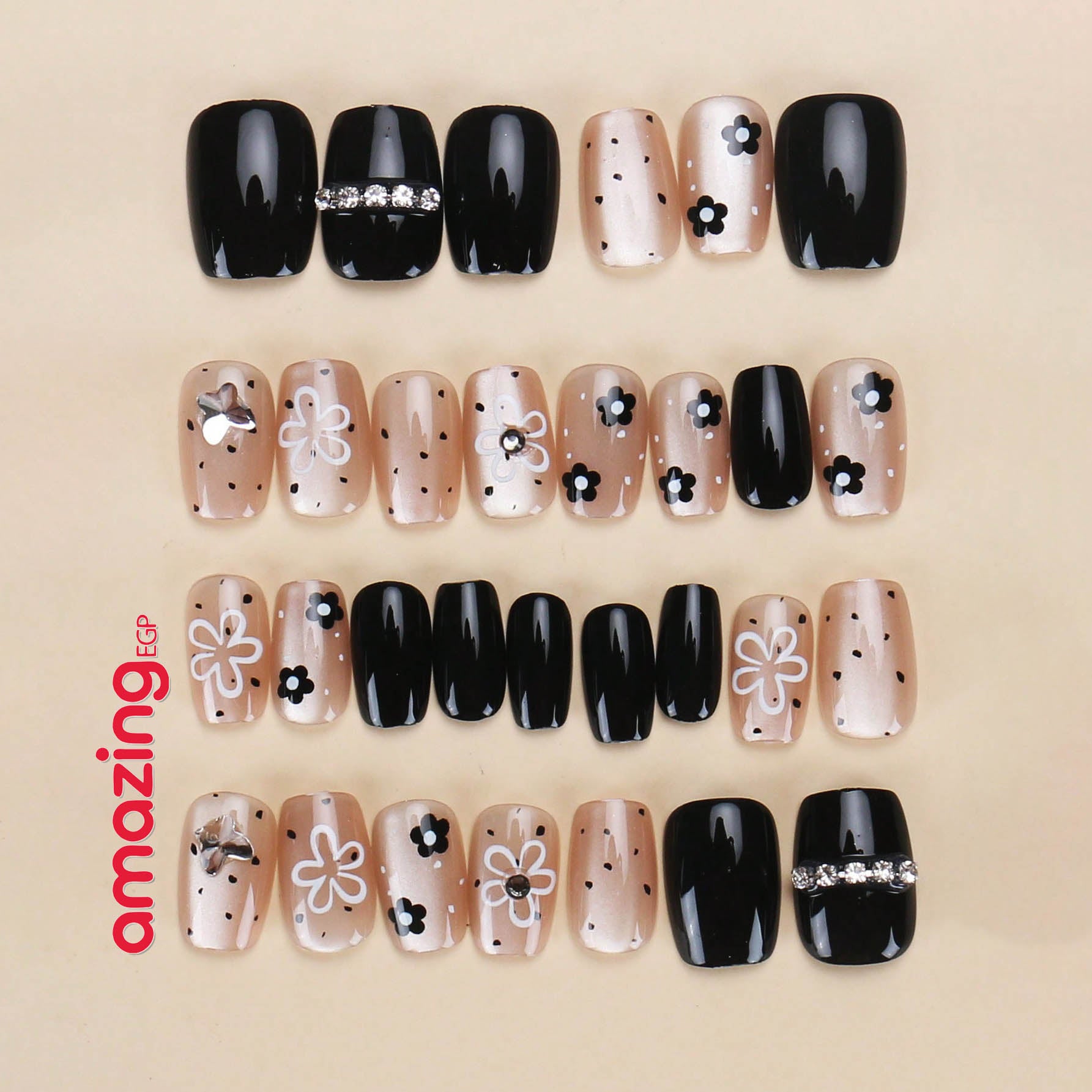30 قطعة أظافر صناعية مضغوطة شكل تابوت قصير بتصميم فرنسي أسود مزخرف بالزهور – مع لاصق جيلي ومبرد/شريط فرك – قابلة للإزالة وإعادة الاستخدام