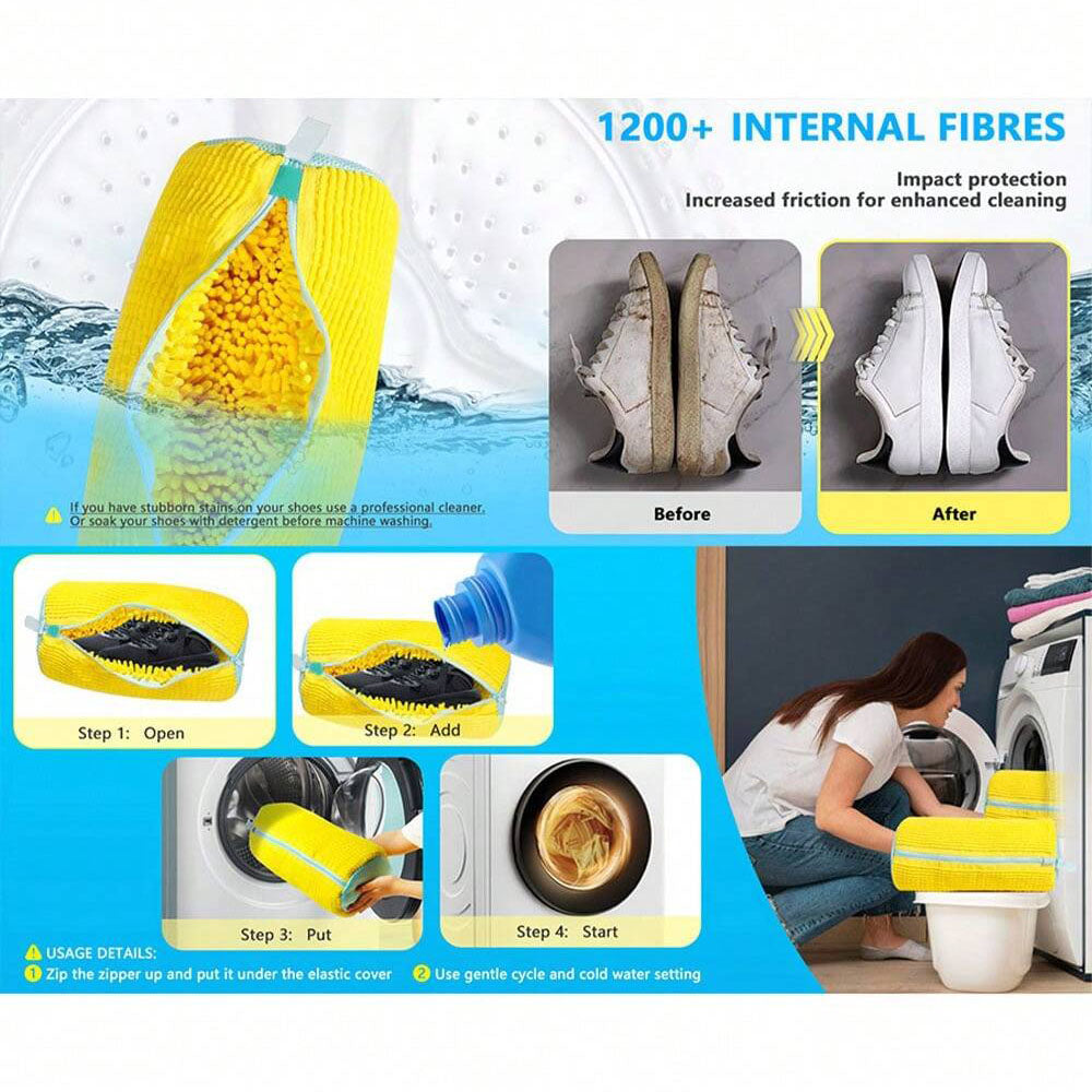 كيس غسيل الأحذية للغسالة أكياس للغسالة لكل أنواع الأحذية - أصفر ذو سحاب أزرق، أكياس غسيل واقية مبطنة بالفرو لداخلها، مثالية للحذاء الرياضي والأحذية اليومية، أكياس غسيل – أصفر بسحاب أزرق | 1 قطعة