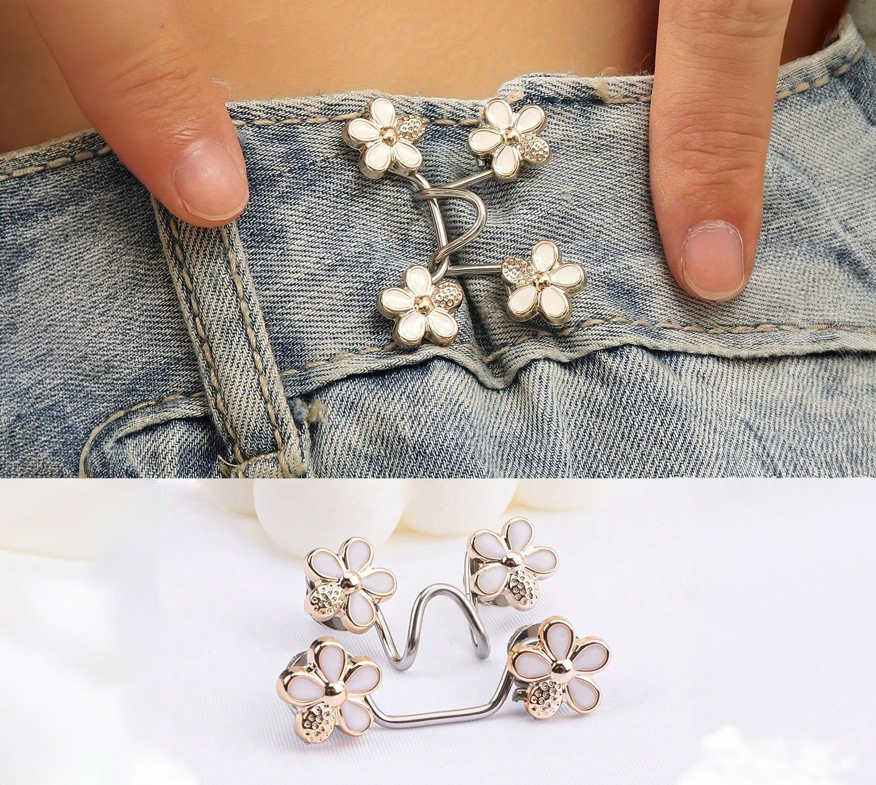 مشبك شدّ خصر للجينز قابل للتعديل  المزينة بأبزيمة الزهور  – أزرار خصر فورية بدون خياطة، طقم 2 للبناطيل والتنانير | الزهور