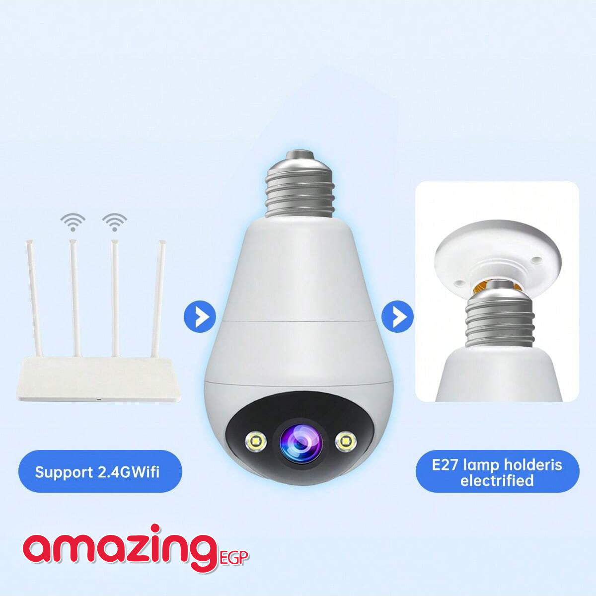 كاميرا لمبة ذكية بدقة 1080P مع واي فاي 2.4GHz وتحكم دوّار 355°/ميل 90° ورؤية ليلية ملوّنة، صوت ثنائي الاتجاه، تنبيه بالحركة، تركيب قاعدة E27 للاستخدام الداخلي والخارجي