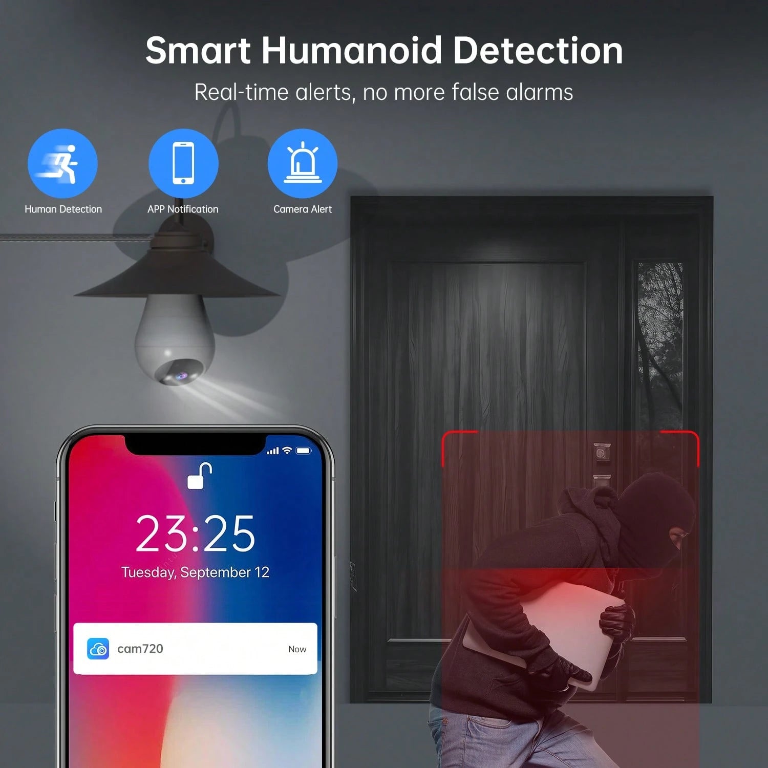 كاميرا لمبة ذكية بدقة 1080P مع واي فاي 2.4GHz وتحكم دوّار 355°/ميل 90° ورؤية ليلية ملوّنة، صوت ثنائي الاتجاه، تنبيه بالحركة، تركيب قاعدة E27 للاستخدام الداخلي والخارجي