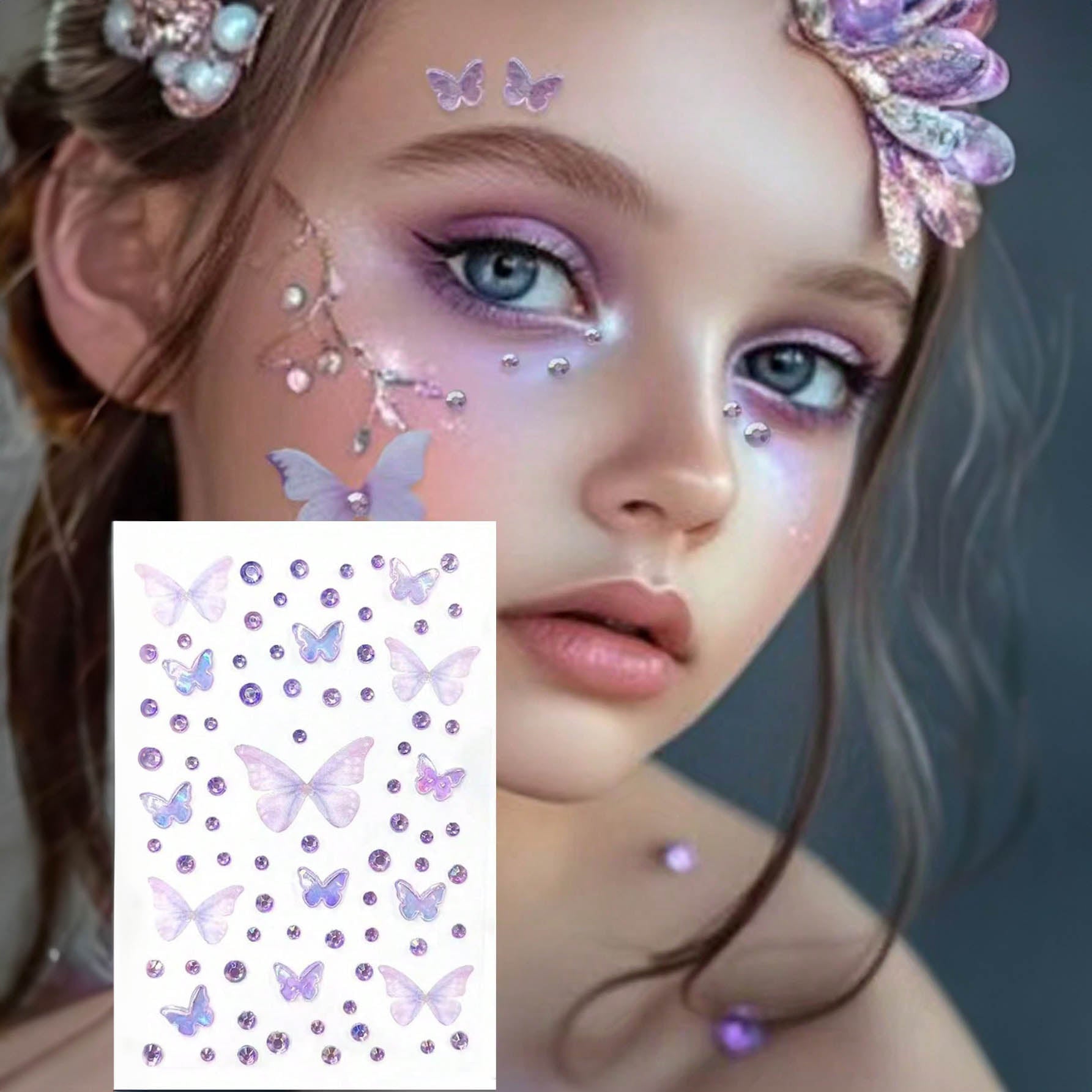 ملصق جواهر الوجه ثلاثي الأبعاد بتصميم فراشات بنفسجية ولمعات — ورقة واحدة لزينة الوجه والعينين بأسلوب Y2K للمهرجانات والحفلات والرقص والتنكر والأعراس (Purple Butterflies)