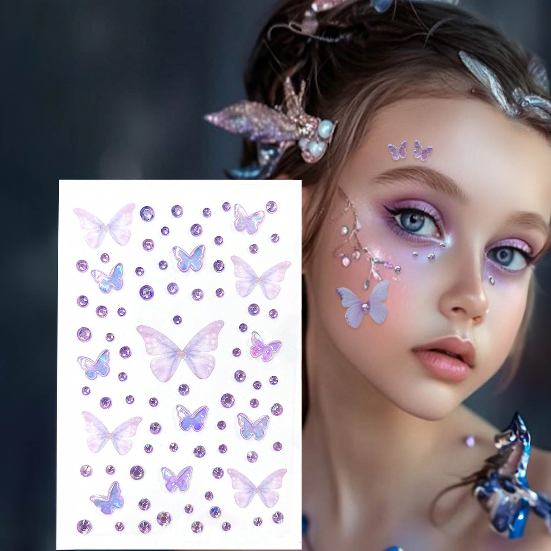 ملصق جواهر الوجه ثلاثي الأبعاد بتصميم فراشات بنفسجية ولمعات — ورقة واحدة لزينة الوجه والعينين بأسلوب Y2K للمهرجانات والحفلات والرقص والتنكر والأعراس (Purple Butterflies)