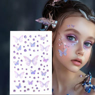 ملصق جواهر الوجه ثلاثي الأبعاد بتصميم فراشات بنفسجية ولمعات — ورقة واحدة لزينة الوجه والعينين بأسلوب Y2K للمهرجانات والحفلات والرقص والتنكر والأعراس (Purple Butterflies)