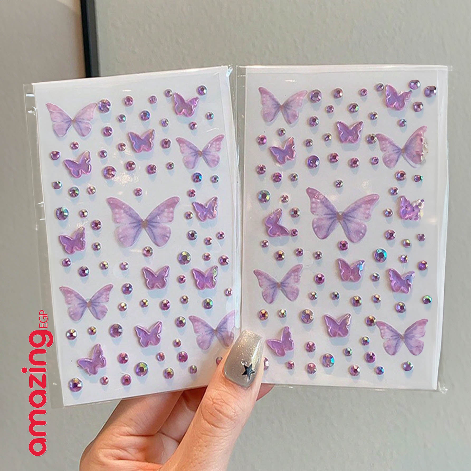 ملصق جواهر الوجه ثلاثي الأبعاد بتصميم فراشات بنفسجية ولمعات — ورقة واحدة لزينة الوجه والعينين بأسلوب Y2K للمهرجانات والحفلات والرقص والتنكر والأعراس (Purple Butterflies)