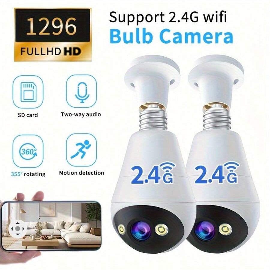 كاميرا لمبة ذكية بدقة 1080P مع واي فاي 2.4GHz وتحكم دوّار 355°/ميل 90° ورؤية ليلية ملوّنة، صوت ثنائي الاتجاه، تنبيه بالحركة، تركيب قاعدة E27 للاستخدام الداخلي والخارجي