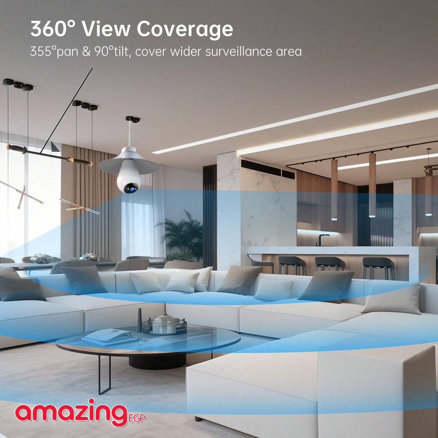 كاميرا لمبة ذكية بدقة 1080P مع واي فاي 2.4GHz وتحكم دوّار 355°/ميل 90° ورؤية ليلية ملوّنة، صوت ثنائي الاتجاه، تنبيه بالحركة، تركيب قاعدة E27 للاستخدام الداخلي والخارجي