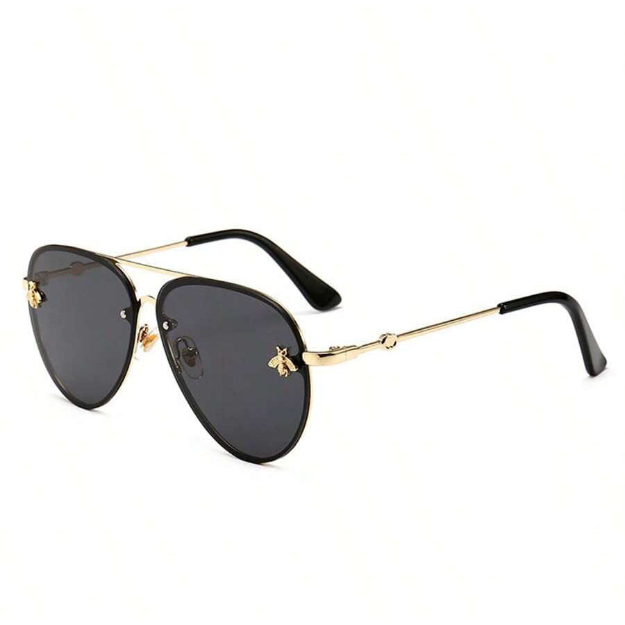 نظارة شمس أنيقة بإطار معدني وتفاصيل نحلة عتيقة – عدسات سوداء UV400 مقاومة للتوهج