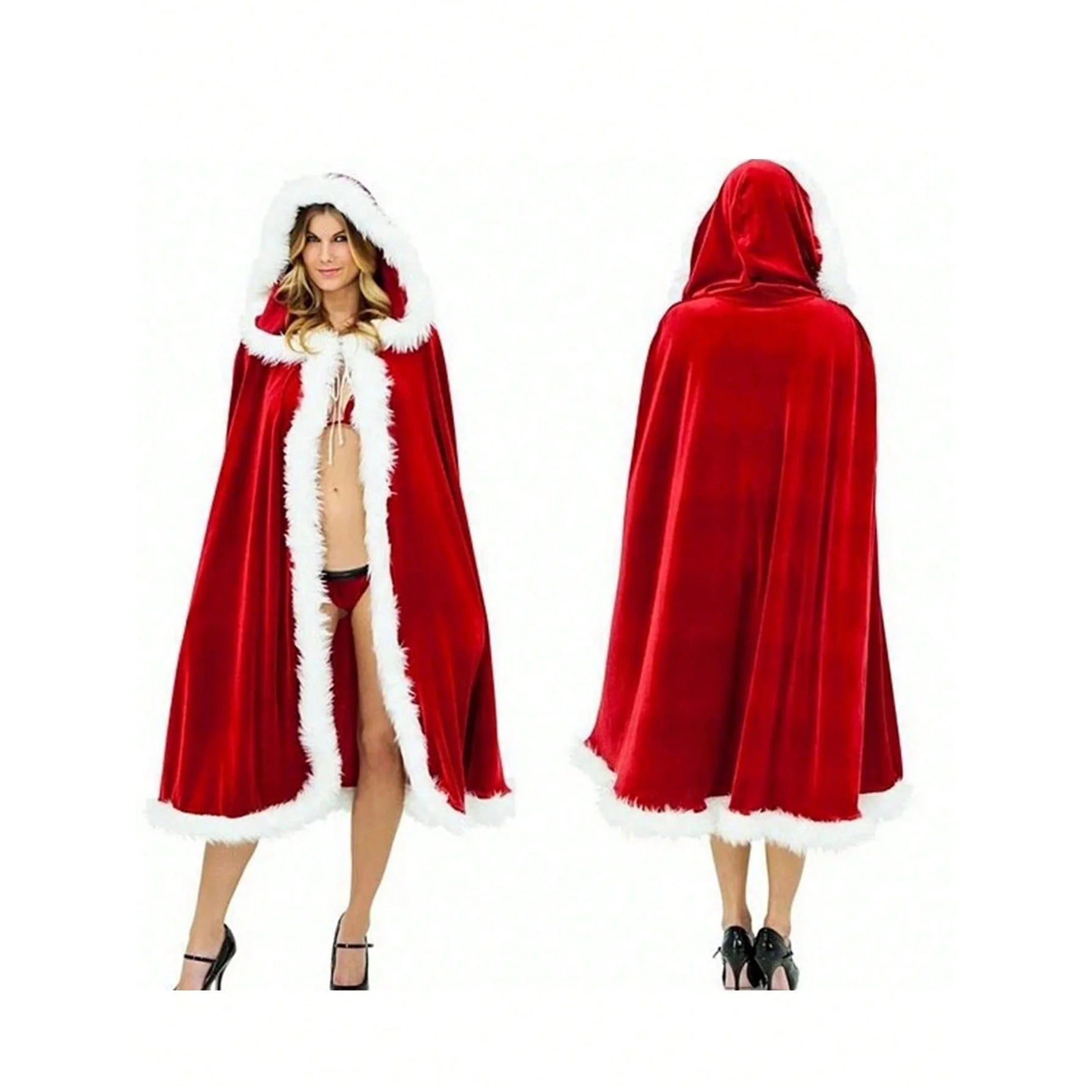 عباءة مخملية سميكة للكريسماس مع غطاء للرأس للسيدة كلوز سانتا عيد الميلاد والهالوين والحفلات التنكرية - أحمر | ادوات الشتاء اغراء الاحتفالات السيدة كلوز الشتاء الكريسماس زي تنكري لانجرى للنساء ملابس_تنكرية | amazingEGP