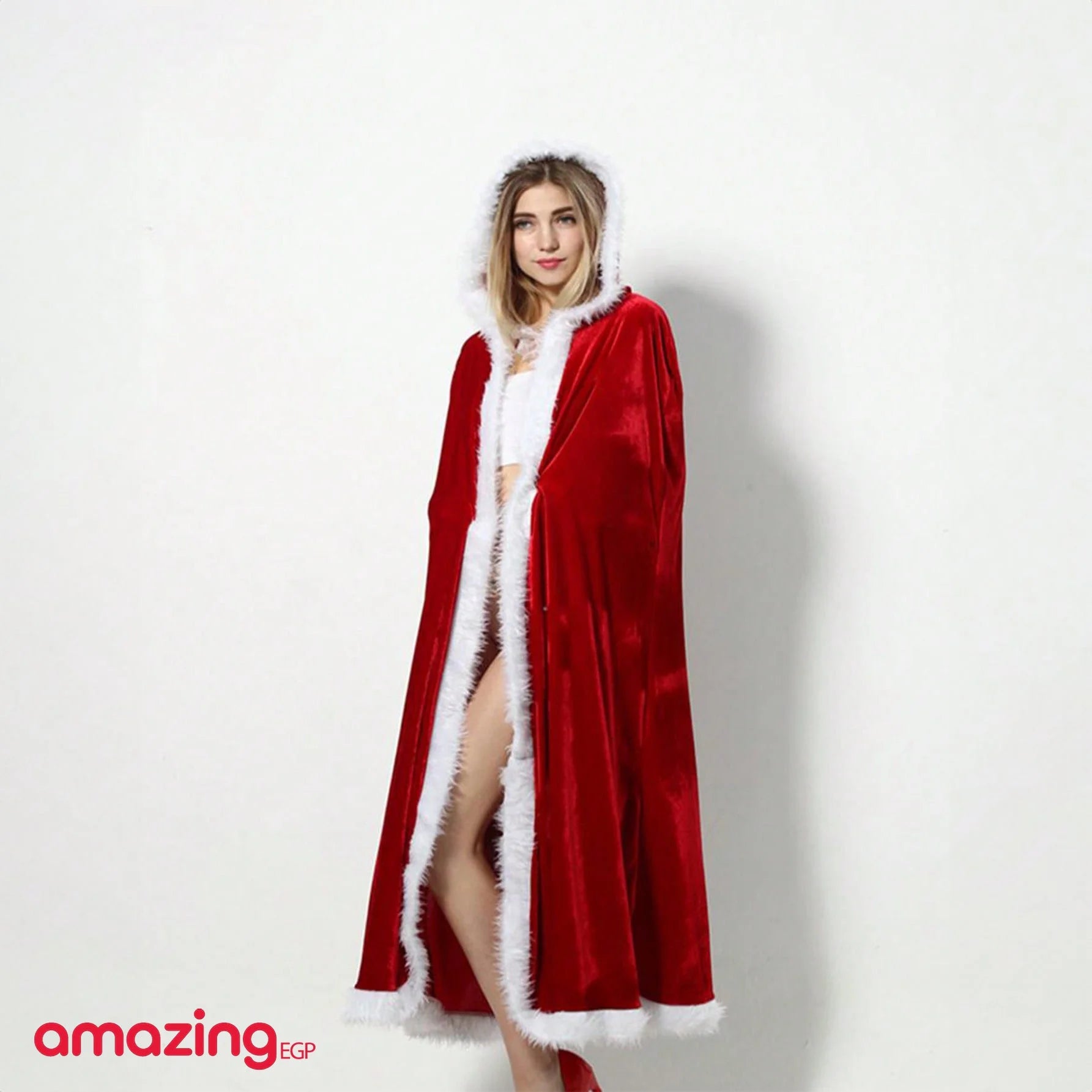 عباءة مخملية سميكة للكريسماس مع غطاء للرأس للسيدة كلوز سانتا عيد الميلاد والهالوين والحفلات التنكرية - أحمر | ادوات الشتاء اغراء الاحتفالات السيدة كلوز الشتاء الكريسماس زي تنكري لانجرى للنساء ملابس_تنكرية | amazingEGP