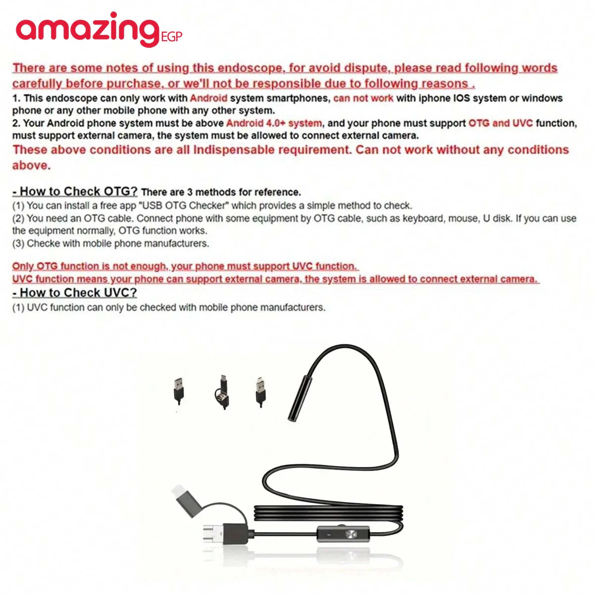 كاميرا فحص أنبوبية طويلة السلك لأجهزة أندرويد مقاومة للماء مع إضاءة مناسبة للتفتيش الداخلي بقطر صغير 7 مم تدعم OTG وUVC للهواتف الذكية وأجهزة الكمبيوتر تعمل عبر USB وأندرويد فقط | المنزل بوريسكوب تجسس ديكور ديكور_منزل ساعات_ذكية ساعة بكام عداد الخطى كامير