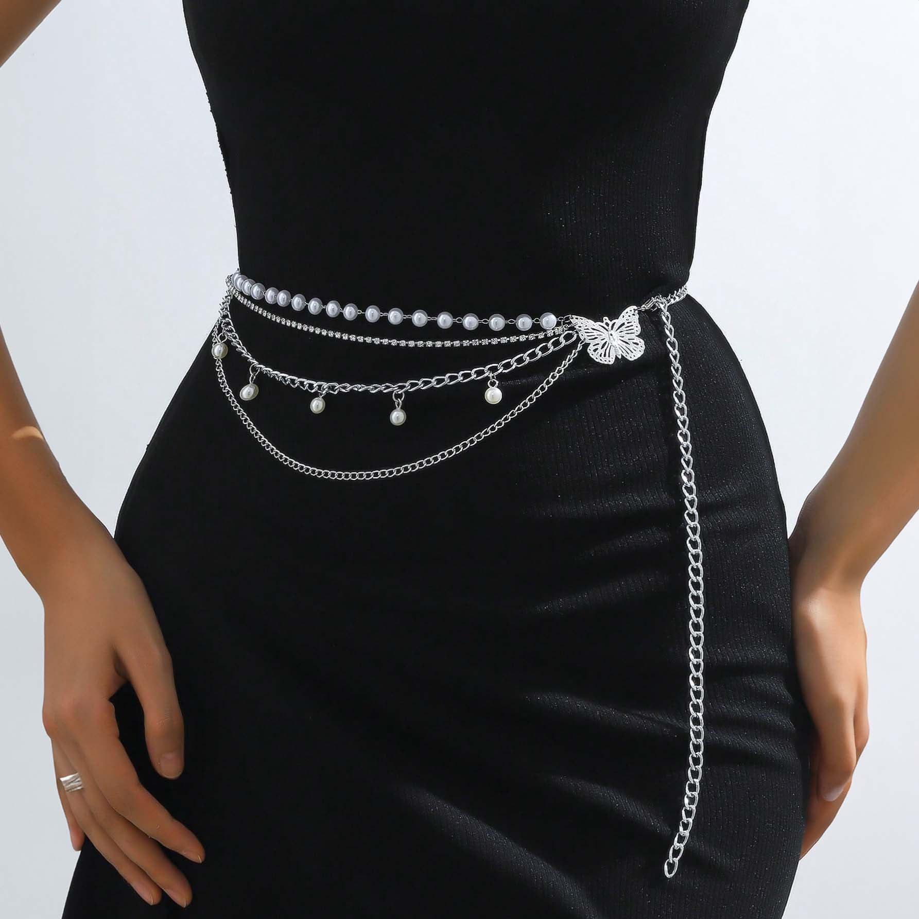 حزام خصر نسائي متعدد الطبقات بتصميم فراشة سلسلة أزياء مزينة بخرز مزيف وفراشة ، لديكور الفستان